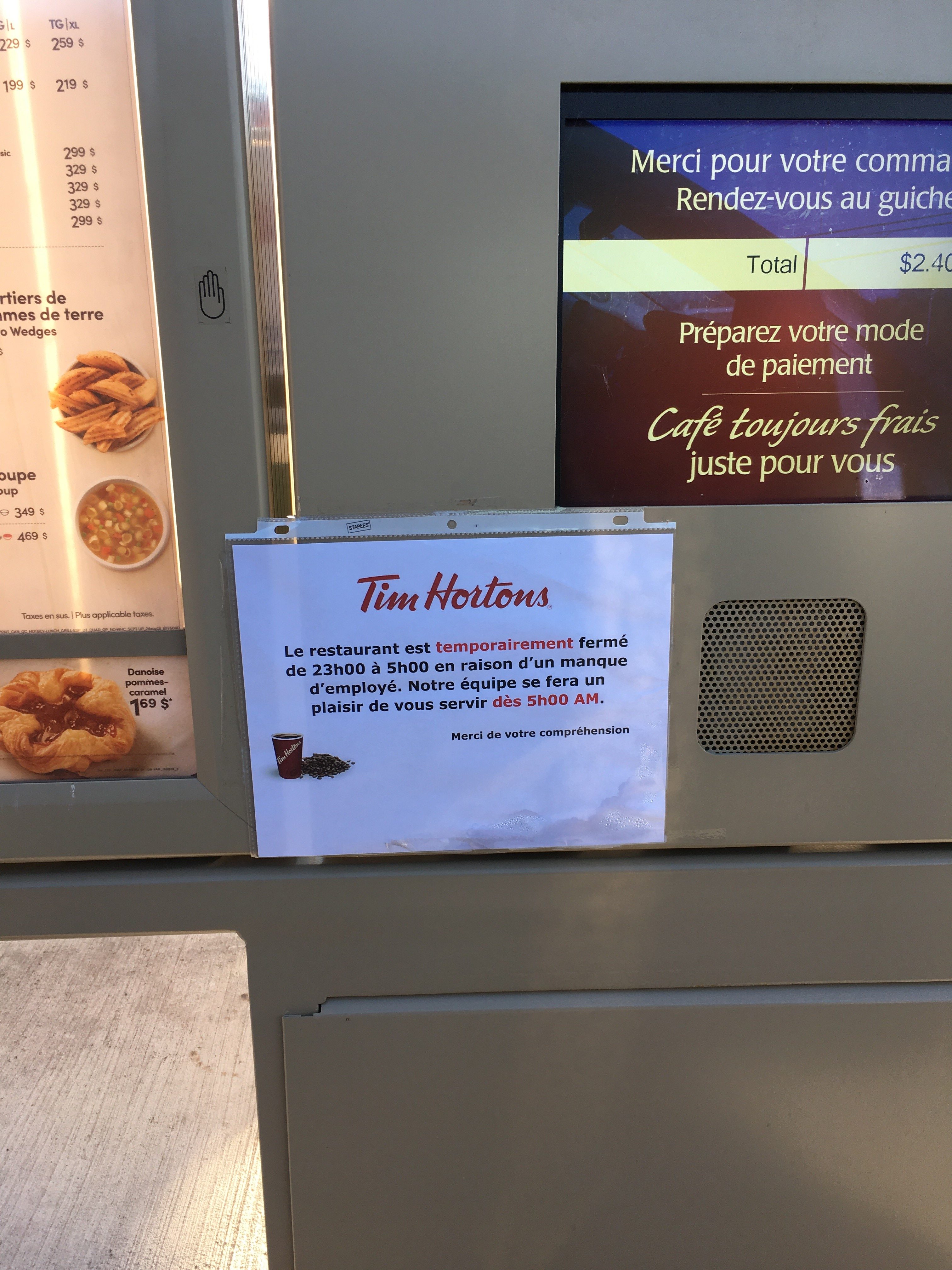 La pénurie d’employés force Tim Hortons à réduire ses heures à Candiac