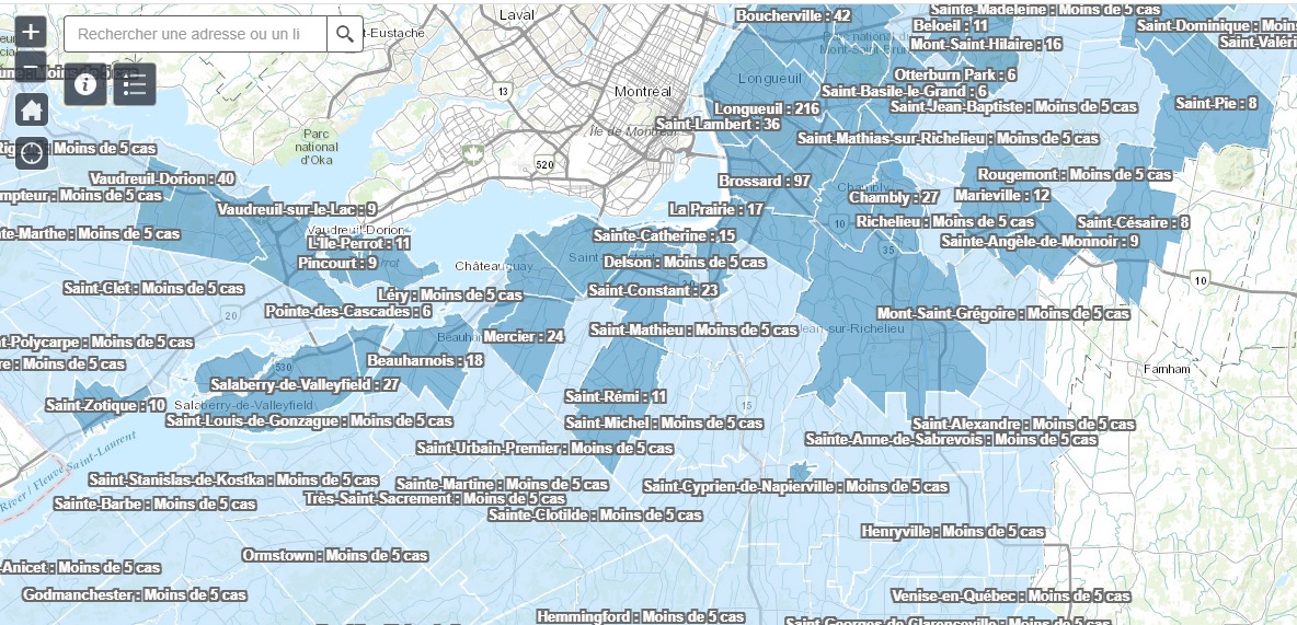 COVID-19 : la Direction de la santé publique de la Montérégie publie une carte interactive par Villes