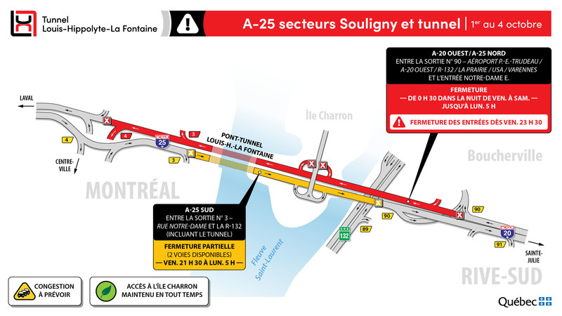 Fermeture complète du tunnel en direction de Montréal en fin de semaine
