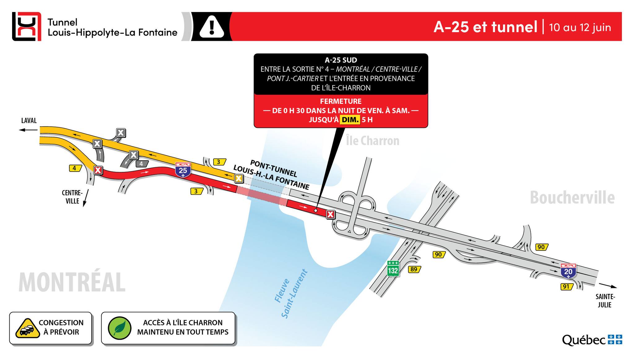 Le tunnel complètement fermé vers la Rive-Sud ce week-end