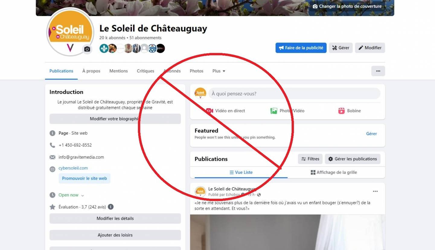 Facebook ferme momentanément la page du Soleil de Châteauguay