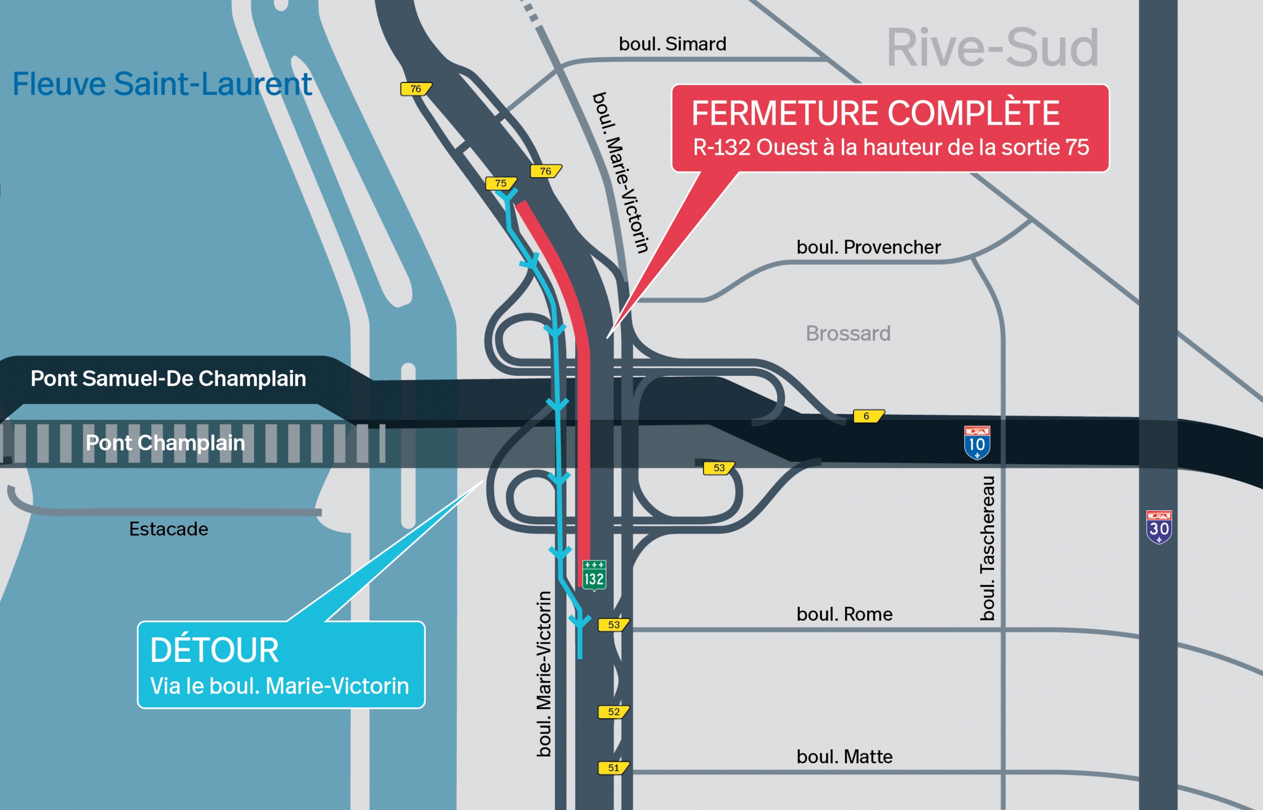 Fermeture complète de la route 132 Ouest à Brossard encore cette nuit