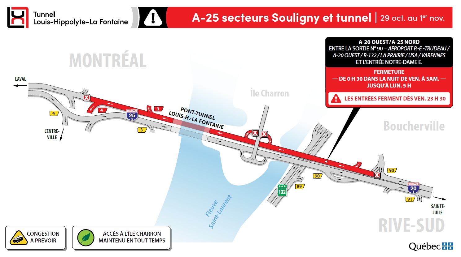 Le tunnel fermé en direction de Montréal en fin de semaine