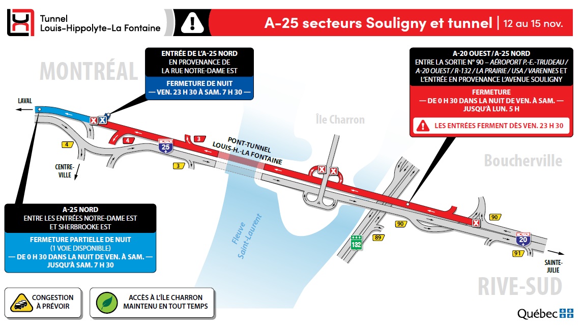 Le tunnel fermé en direction de Montréal en fin de semaine