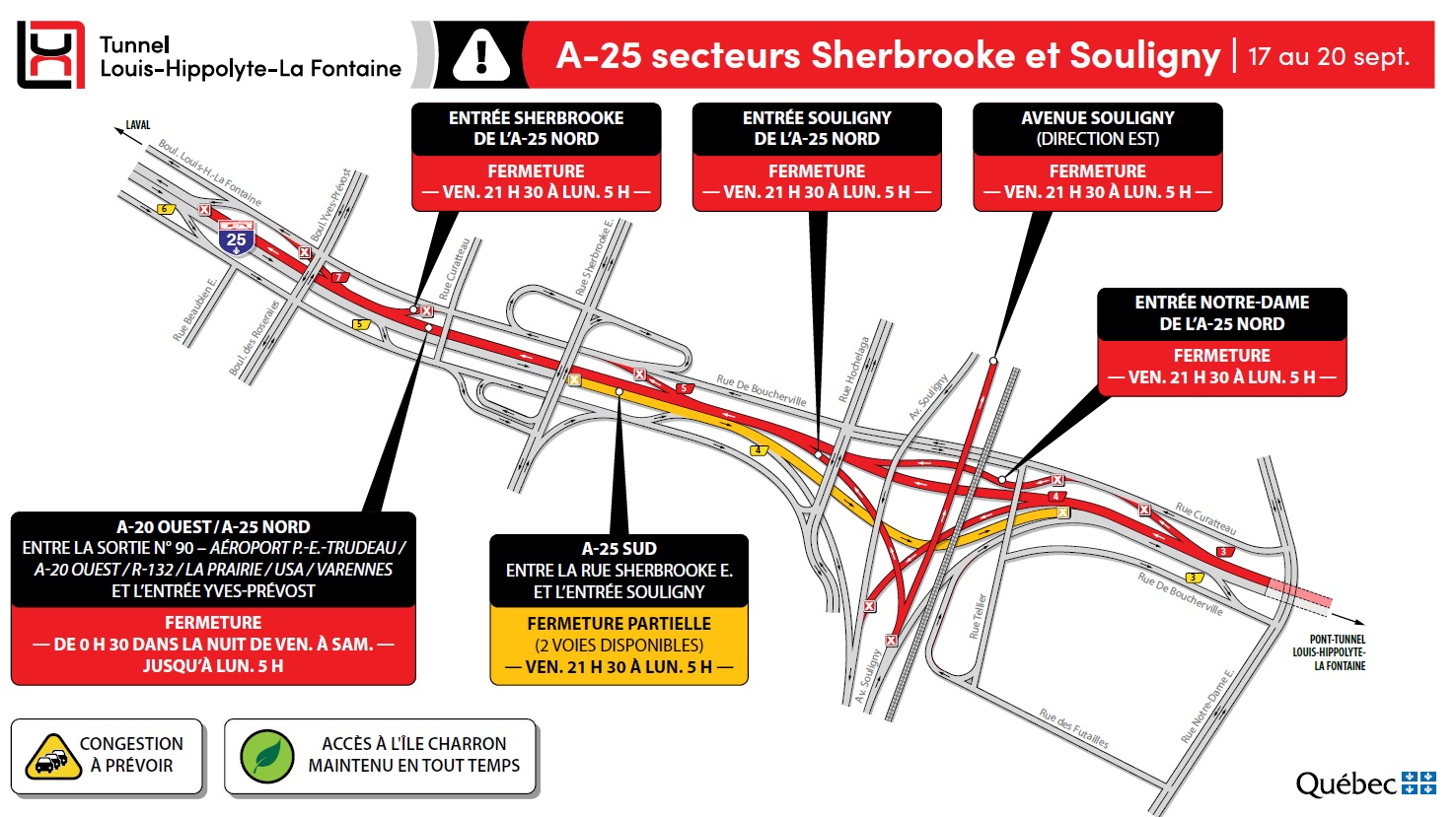 Fermeture complète du tunnel en direction de Montréal en fin de semaine