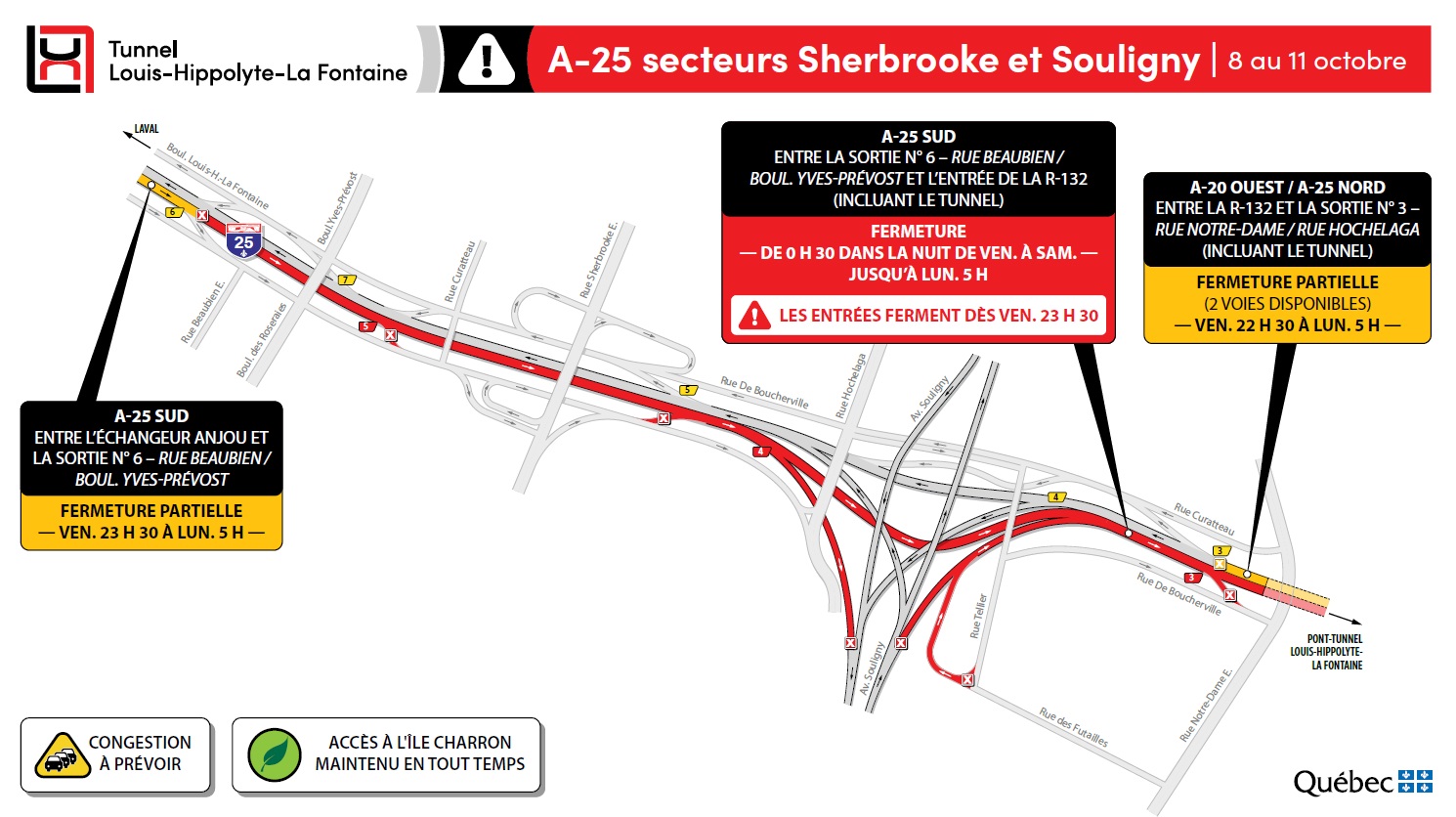 Le tunnel fermé en direction de la Rive-Sud en fin de semaine