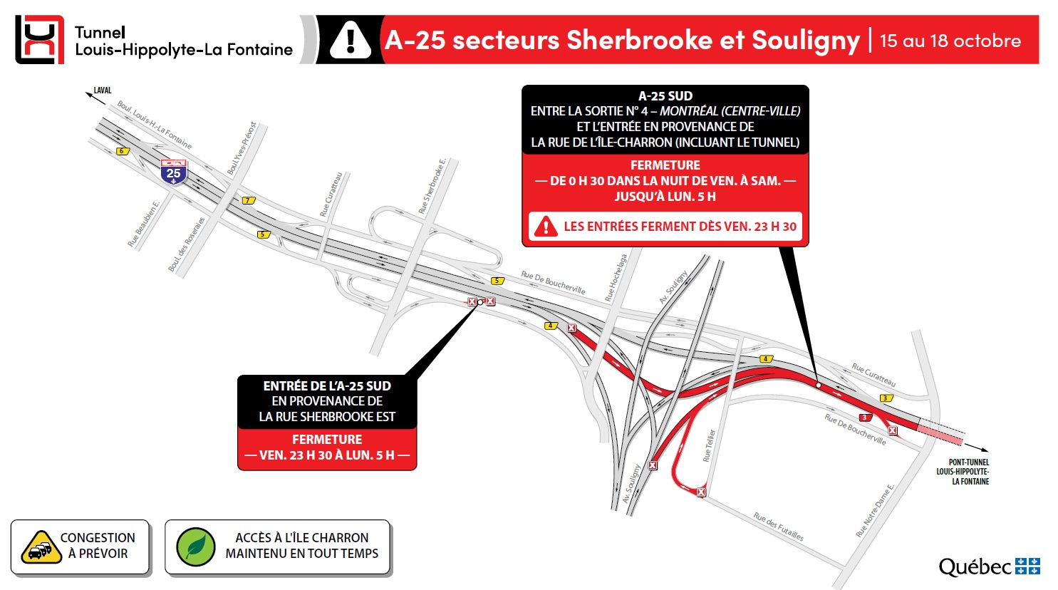 Fermeture complète du tunnel vers la Rive-Sud en fin de semaine
