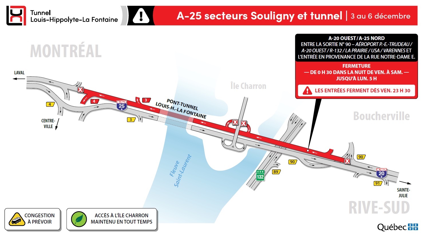 Le tunnel fermé en direction de Montréal en fin de semaine
