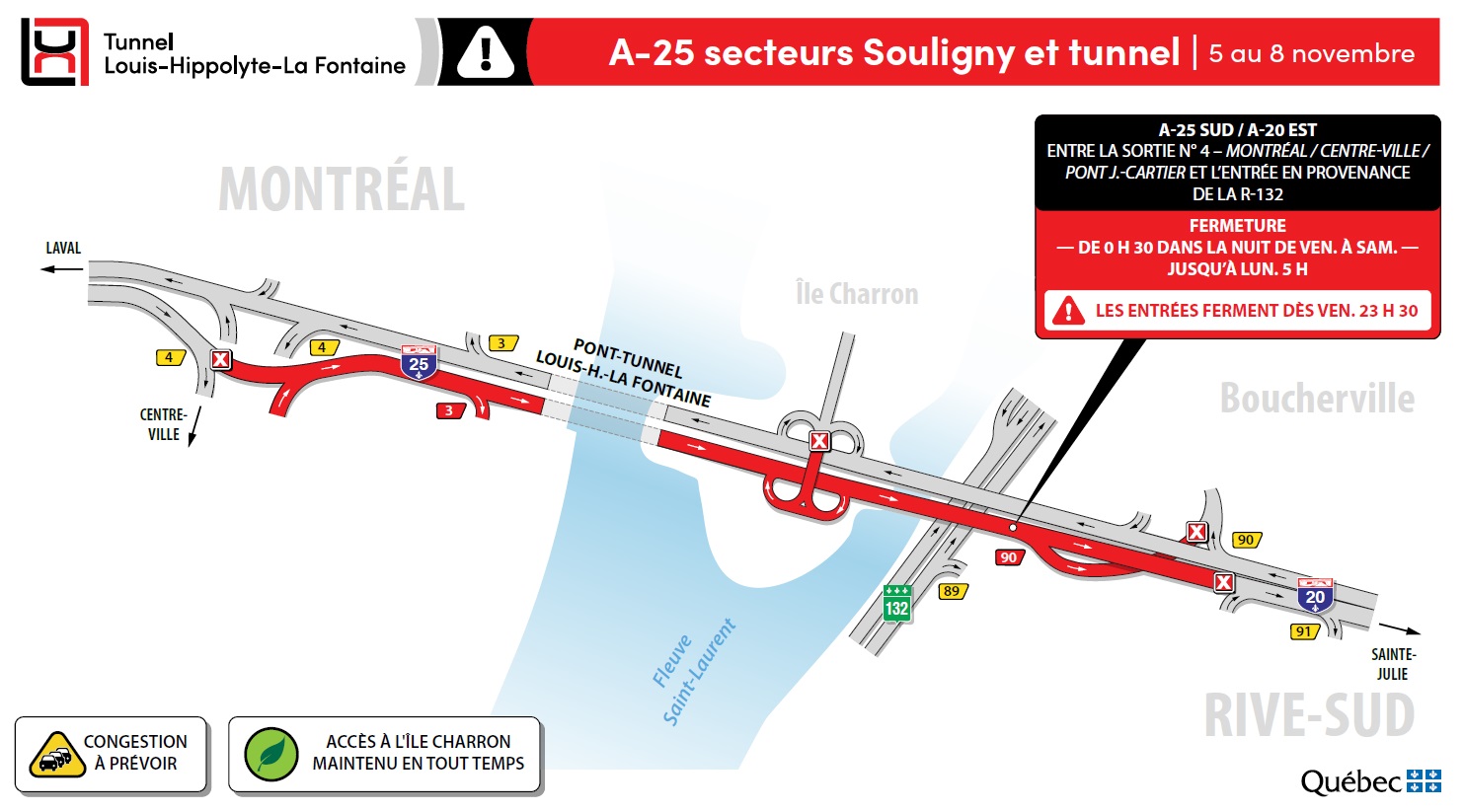 Fermeture du tunnel vers la Rive-Sud en fin de semaine