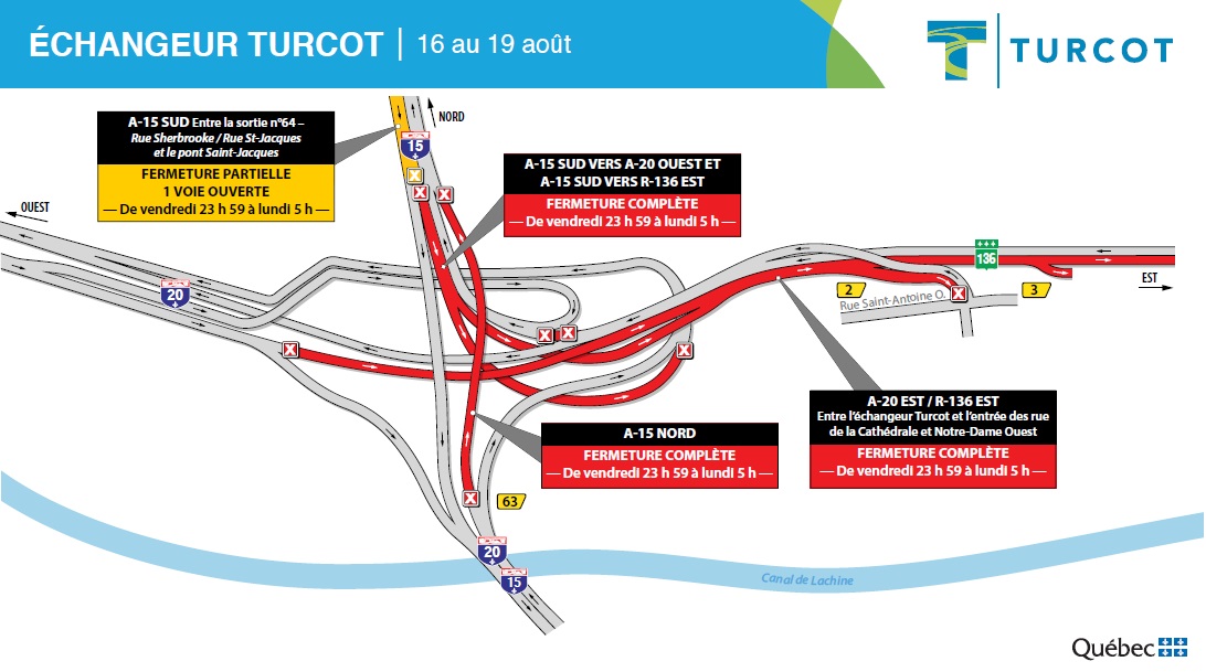 Plusieurs fermetures dans le secteur de l&rsquo;échangeur Turcot en fin de semaine