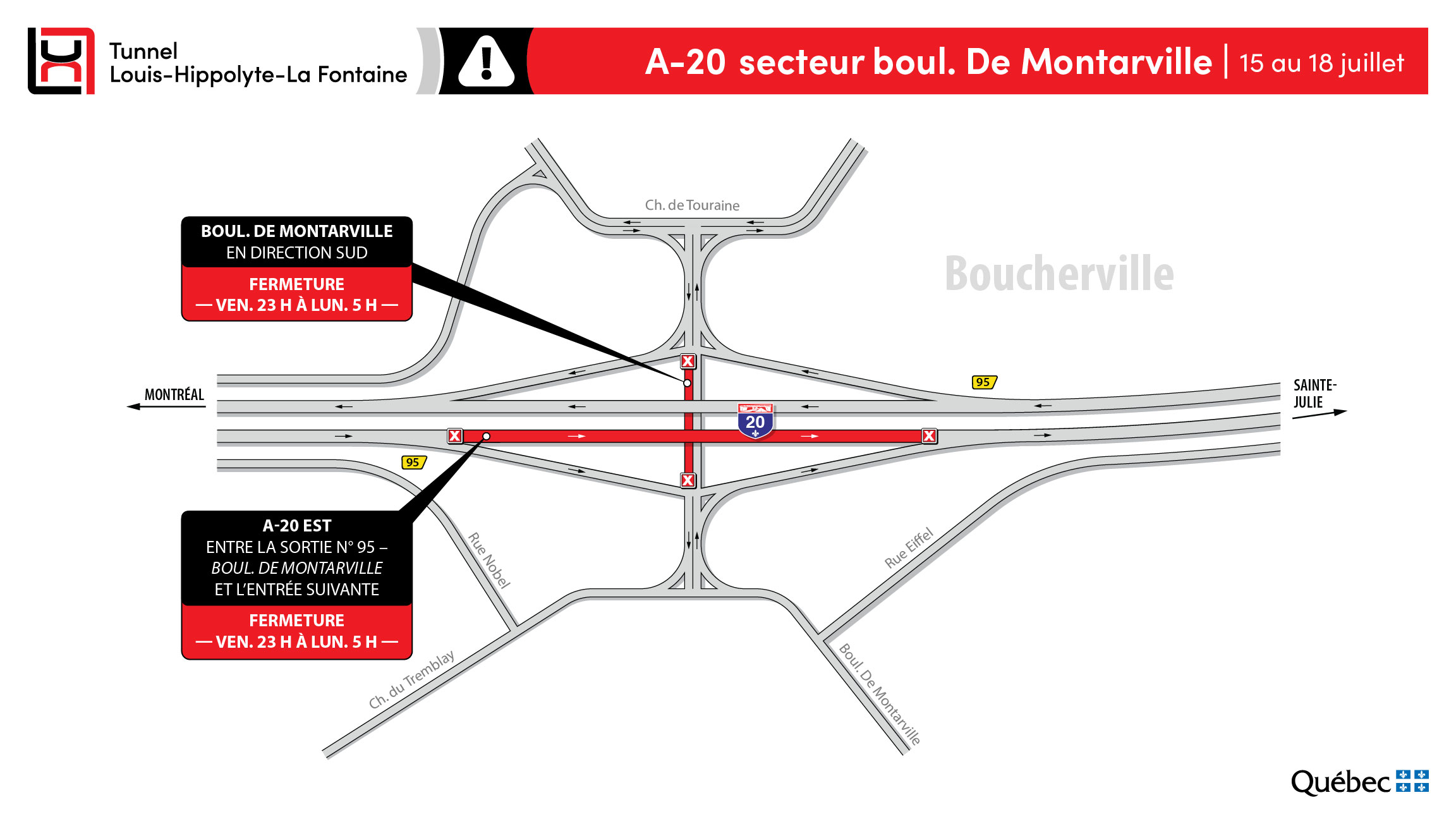 Fermeture d&rsquo;un tronçon de l&rsquo;autoroute 20 est à Boucherville en fin de semaine
