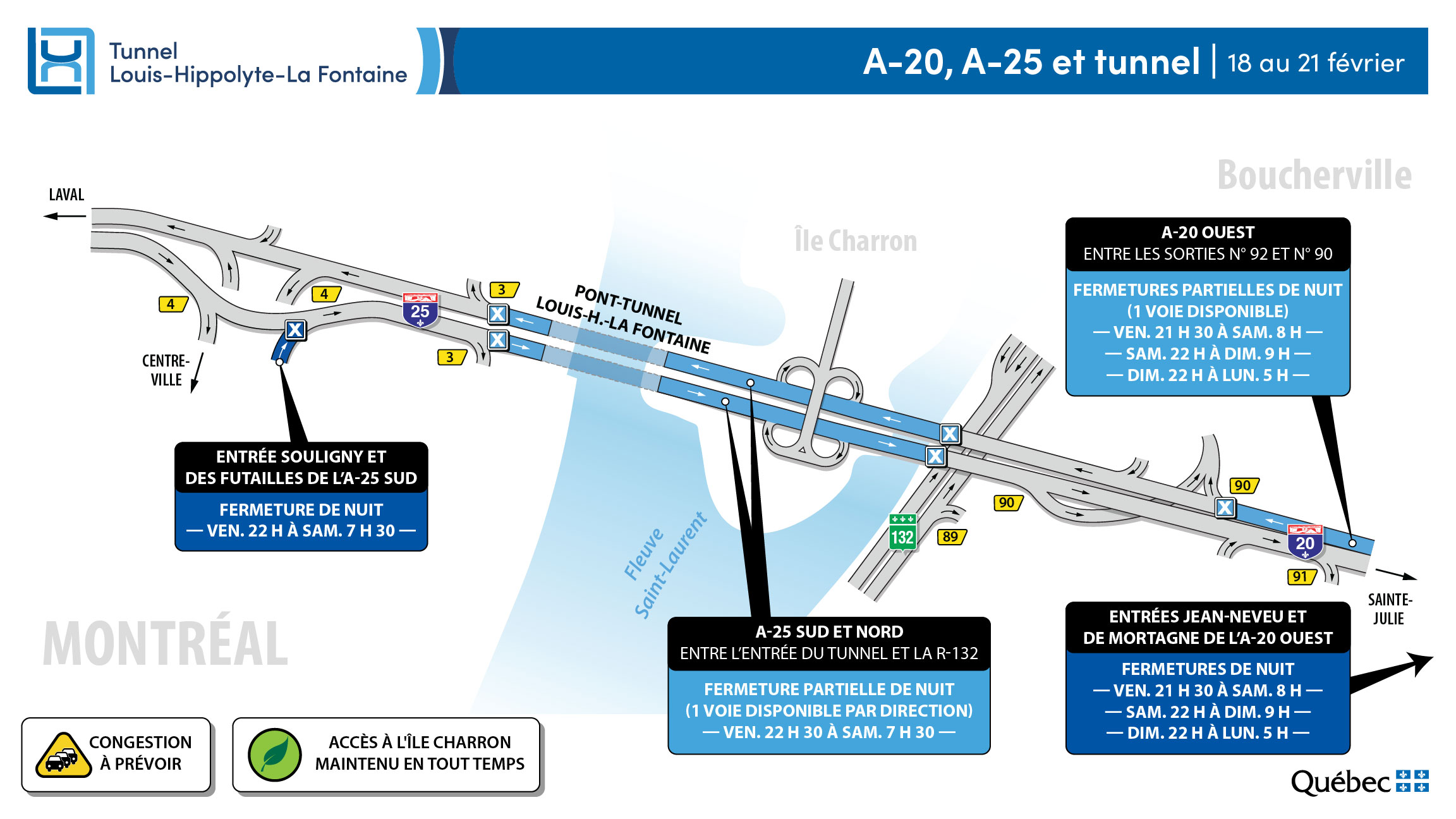 Tunnel Louis-Hippolyte La Fontaine : fermeture d&rsquo;une voie dans chaque direction vendredi soir