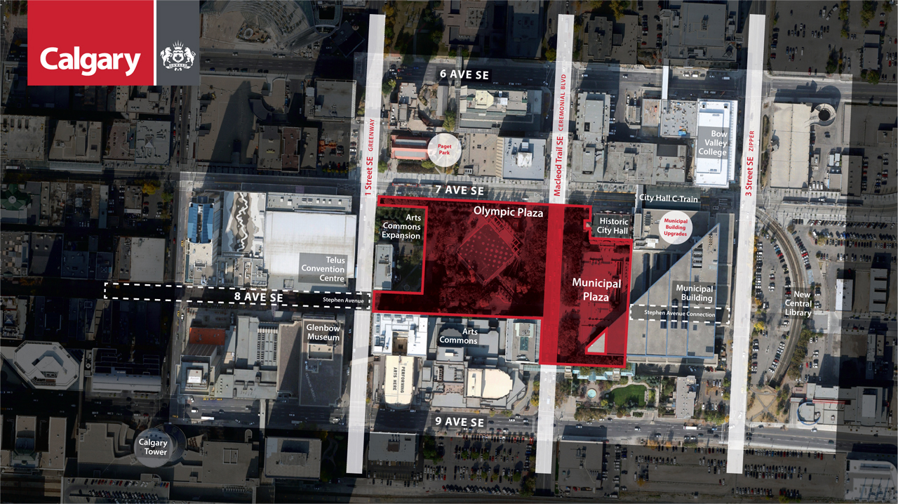 An overhead view showing the Olympic Plaza Cultural District and surrounding community features.