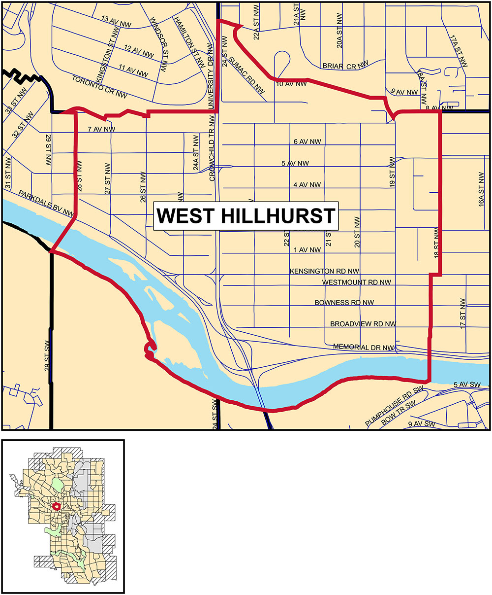 A map showing the community boundaries for West Hillhurst: • south of the bluff (roughly 9 Avenue northwest), north of the river, west of 18 Street northwest, and east of 28 Street northwest.