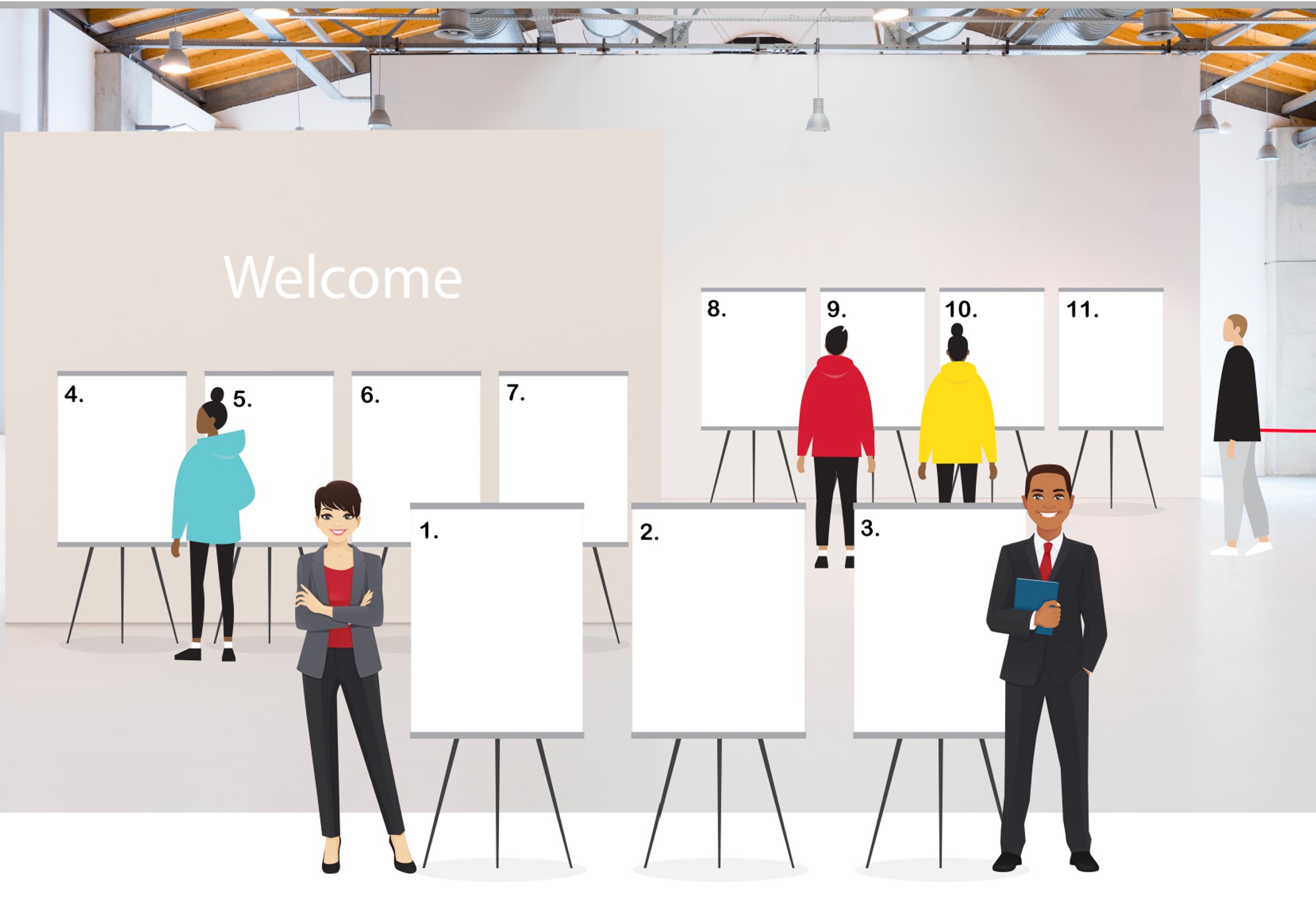 Image shows a graphic of a virtual open house i.e. a room with informational boards laid out. Each room can be clicked on for more information.