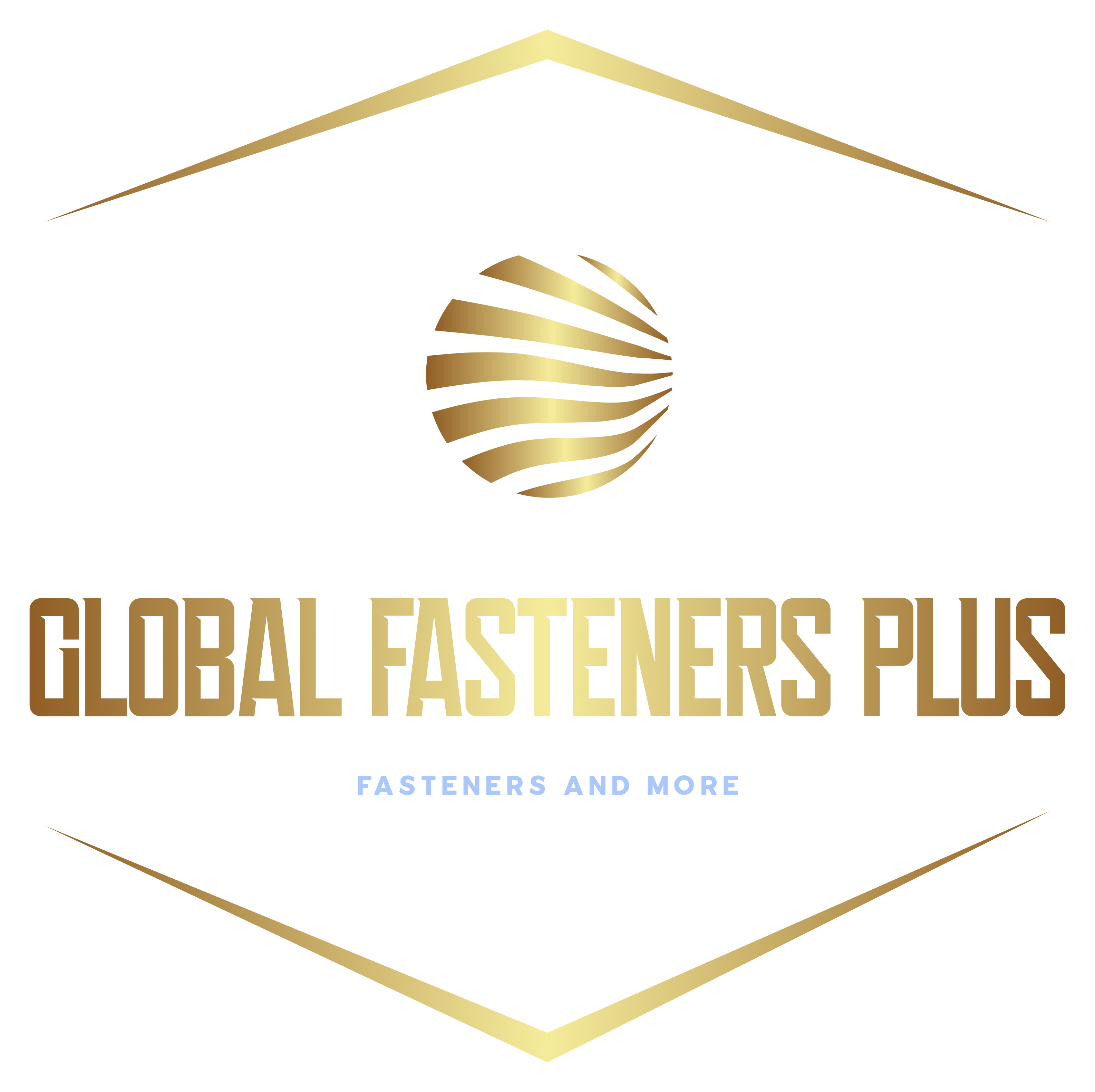 Logo of Global Fasteners Plus: gold hexagon frame, sphere, and text on white background.