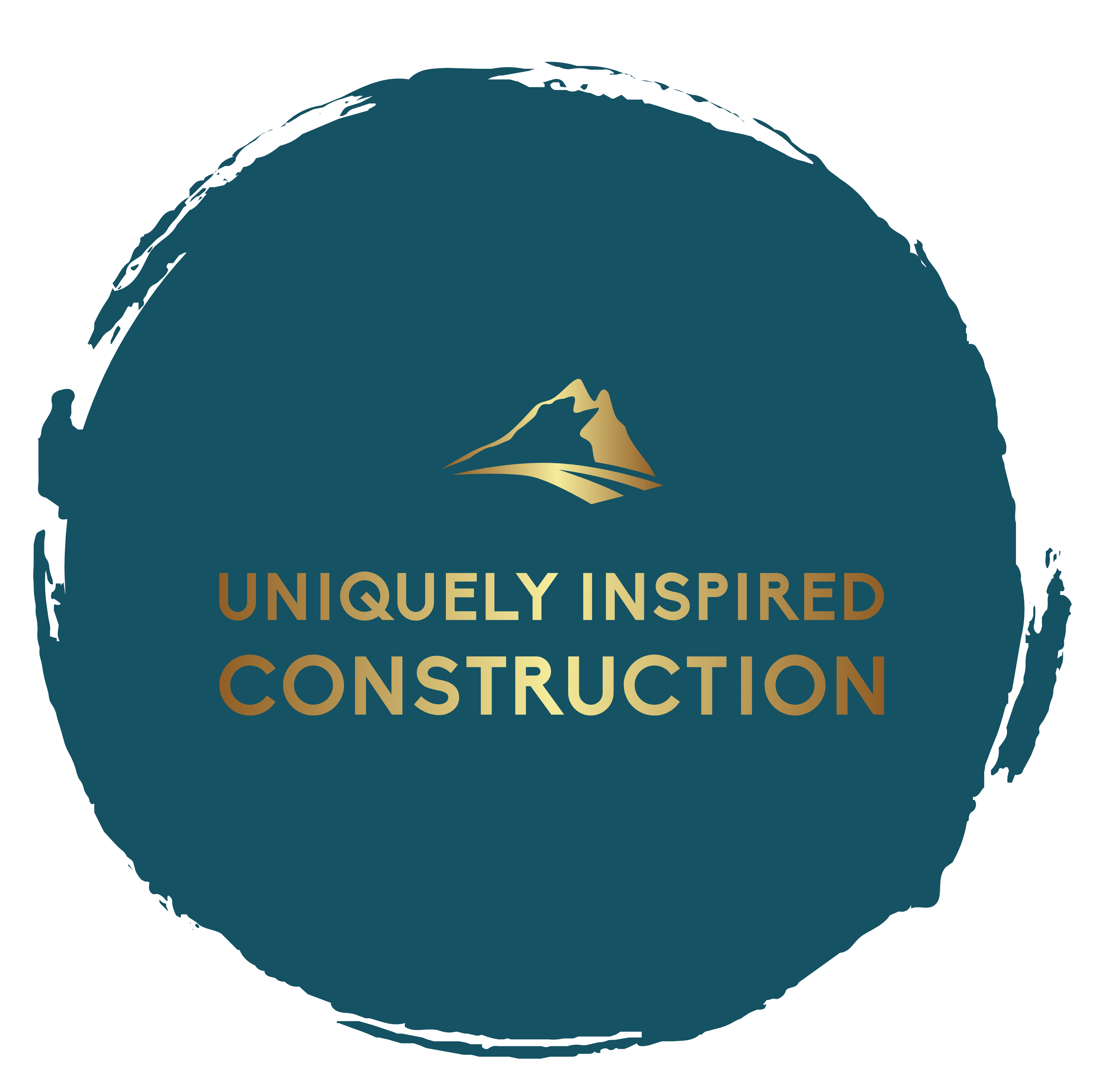 Teal circle with gold mountain logo and text: