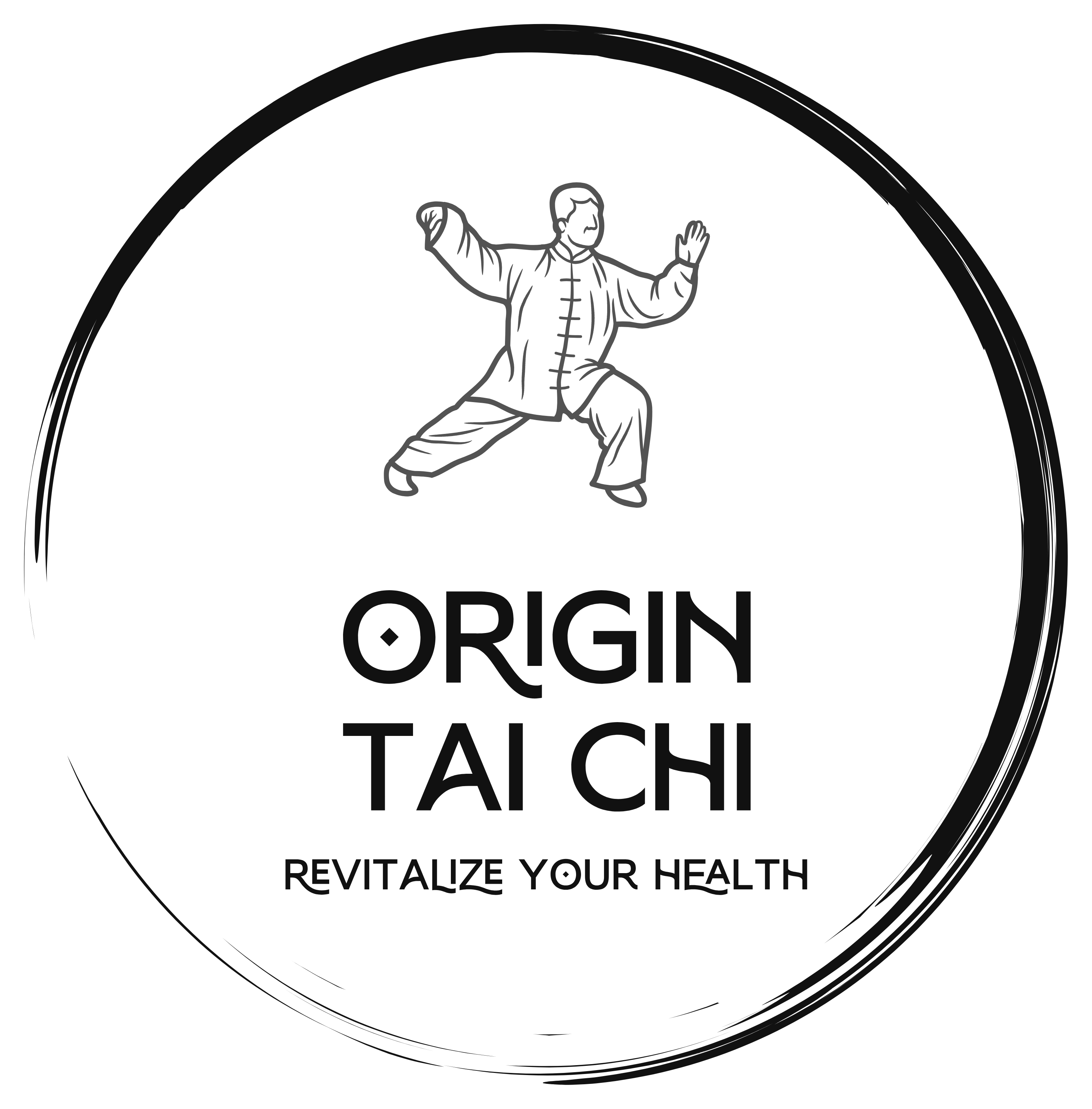 Logo for Origin Tai Chi with figure in stance inside a circle; text says 