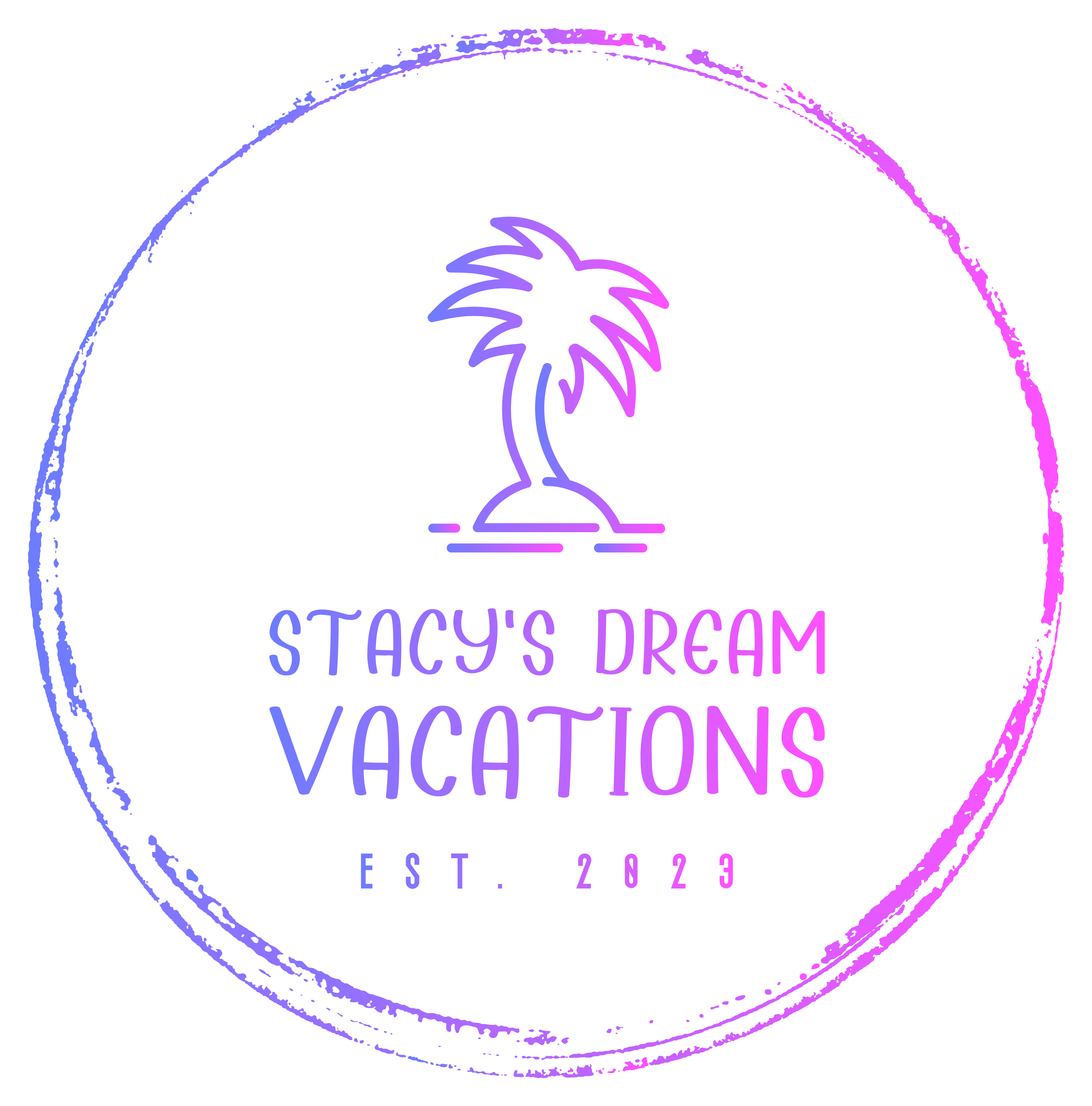 Circular logo with a palm tree, the text 