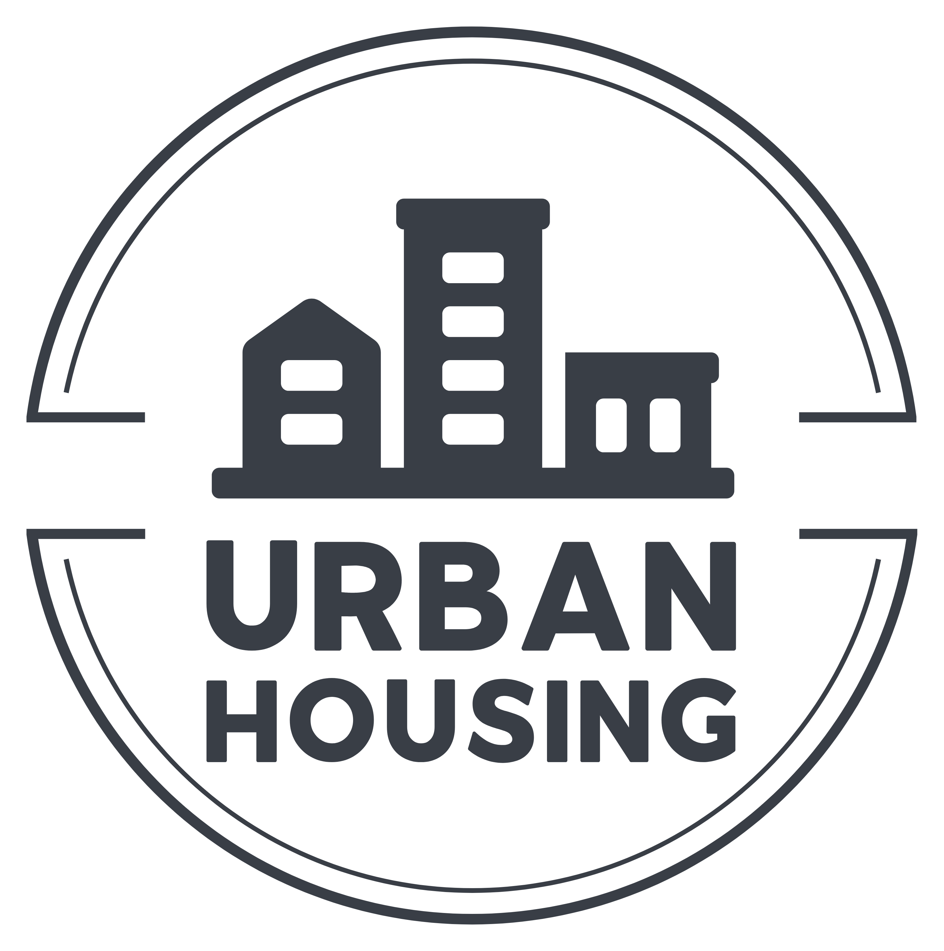Logo: stylized buildings, dark gray, inside a circle with 