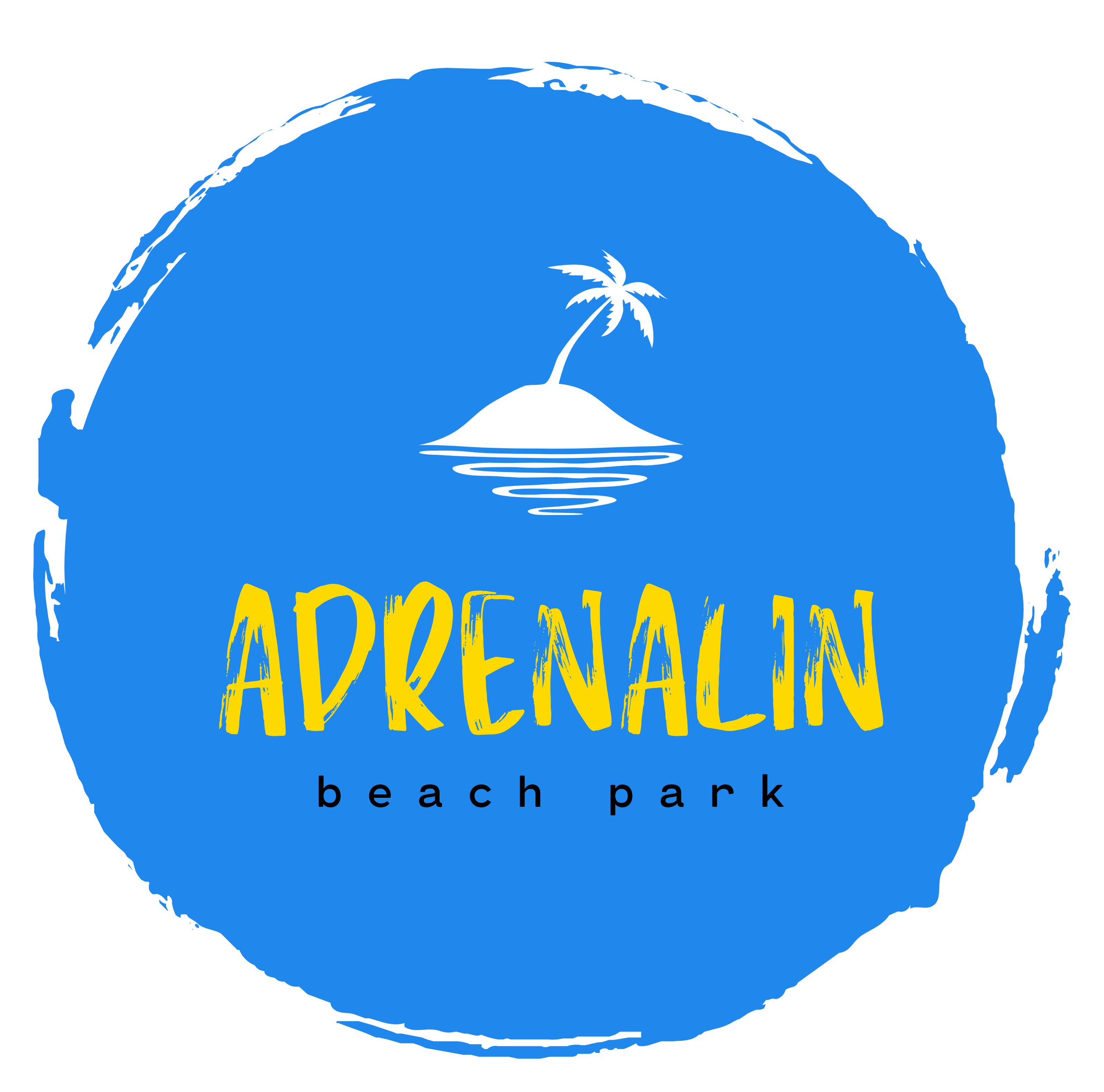 Logo for Adrenalin Beach Park: Blue circle with a small island, palm tree, and yellow text.