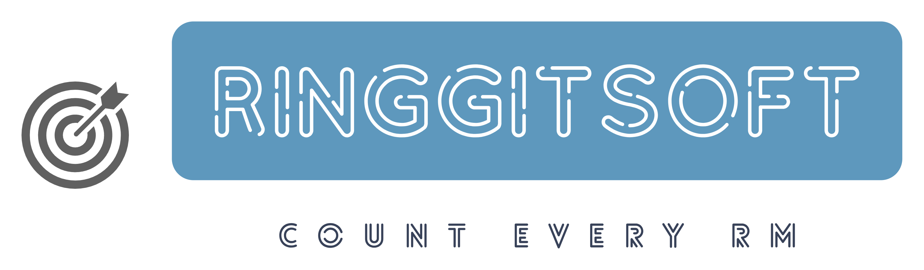 Logo with a target, a blue rectangle with 