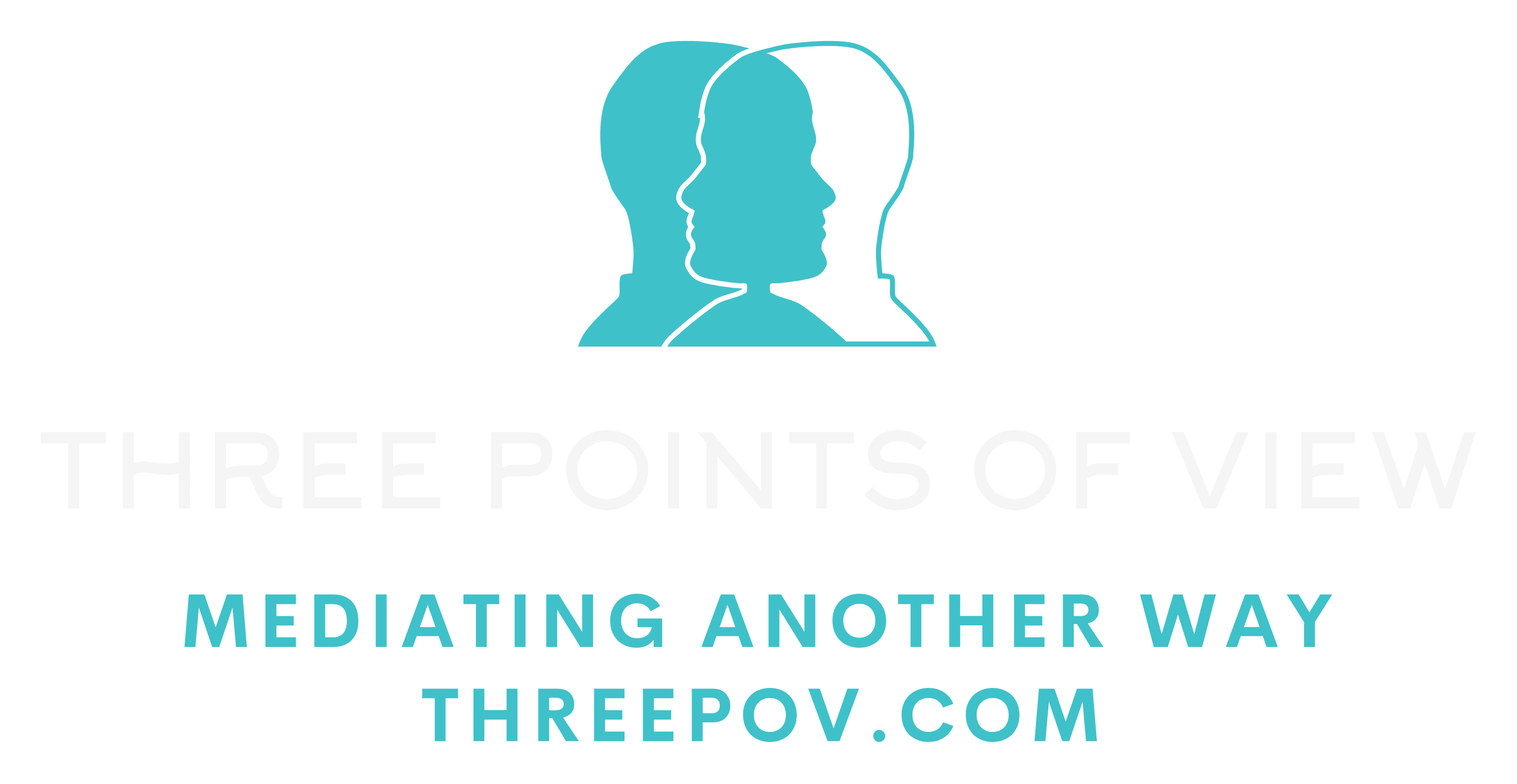 Logo with three stylized face profiles in teal, with the text 