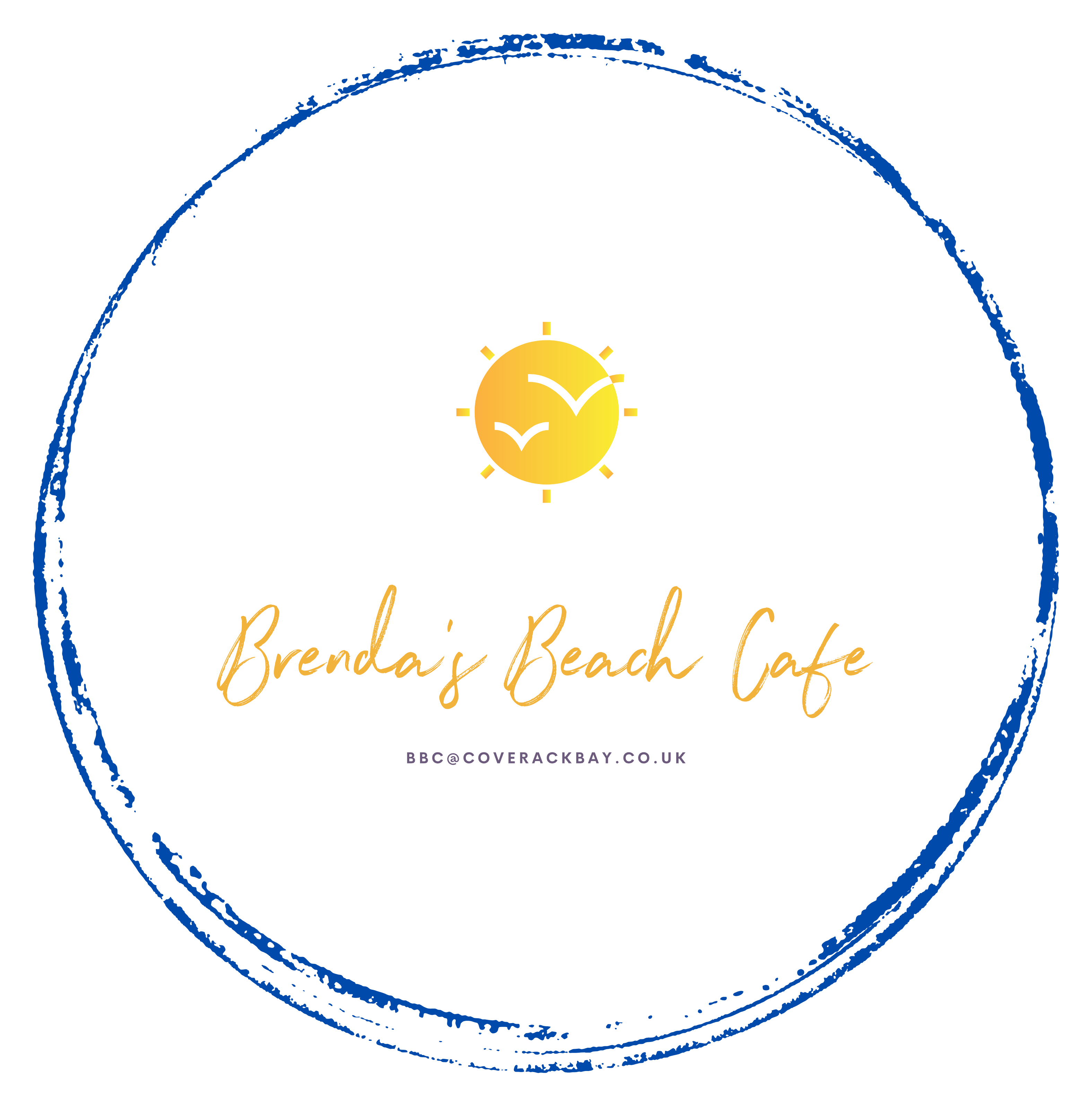 Logo for Brenda's Beach Cafe: Blue circle frame, sun graphic with birds, cafe name in gold script.