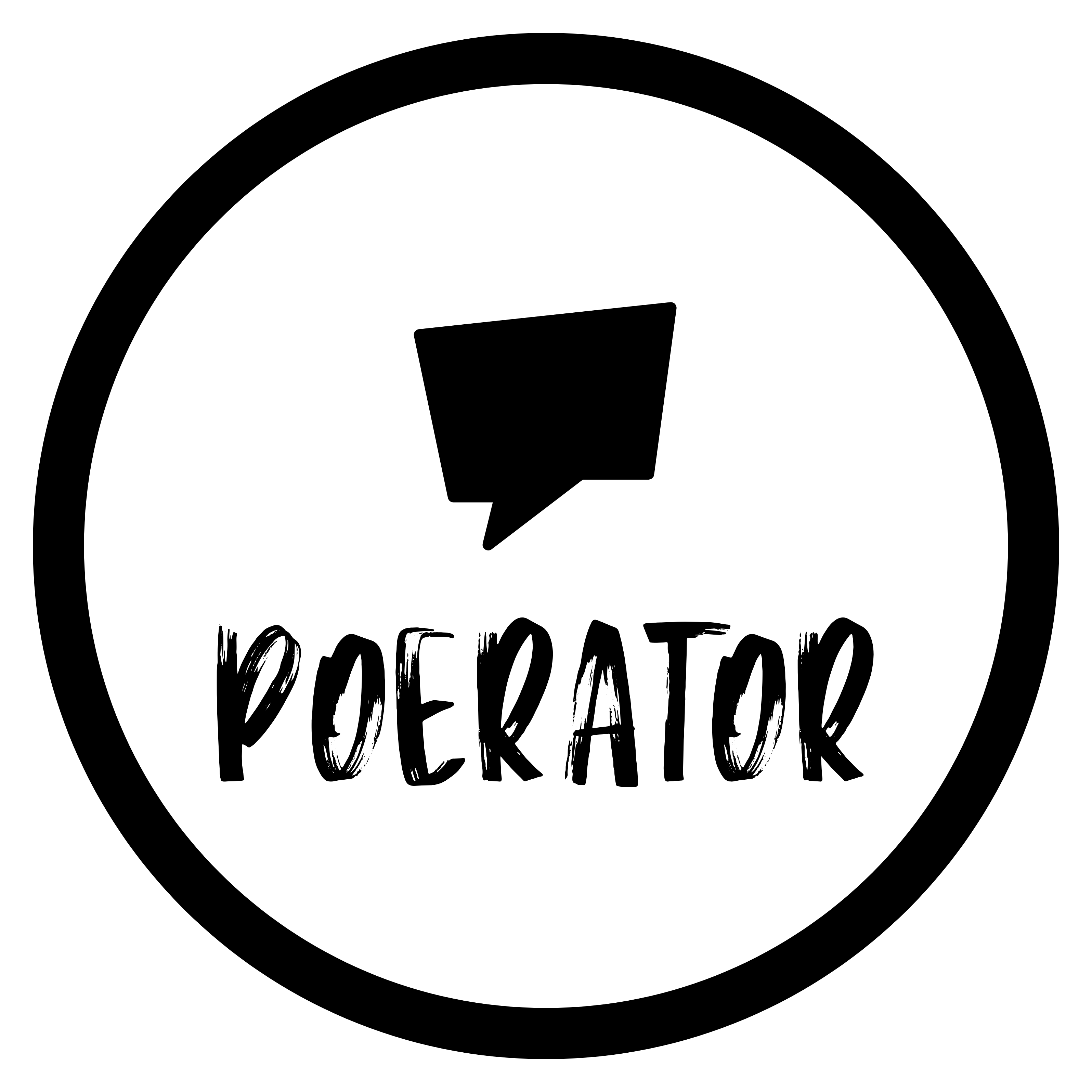 Black and white logo: Speech bubble icon above the word 