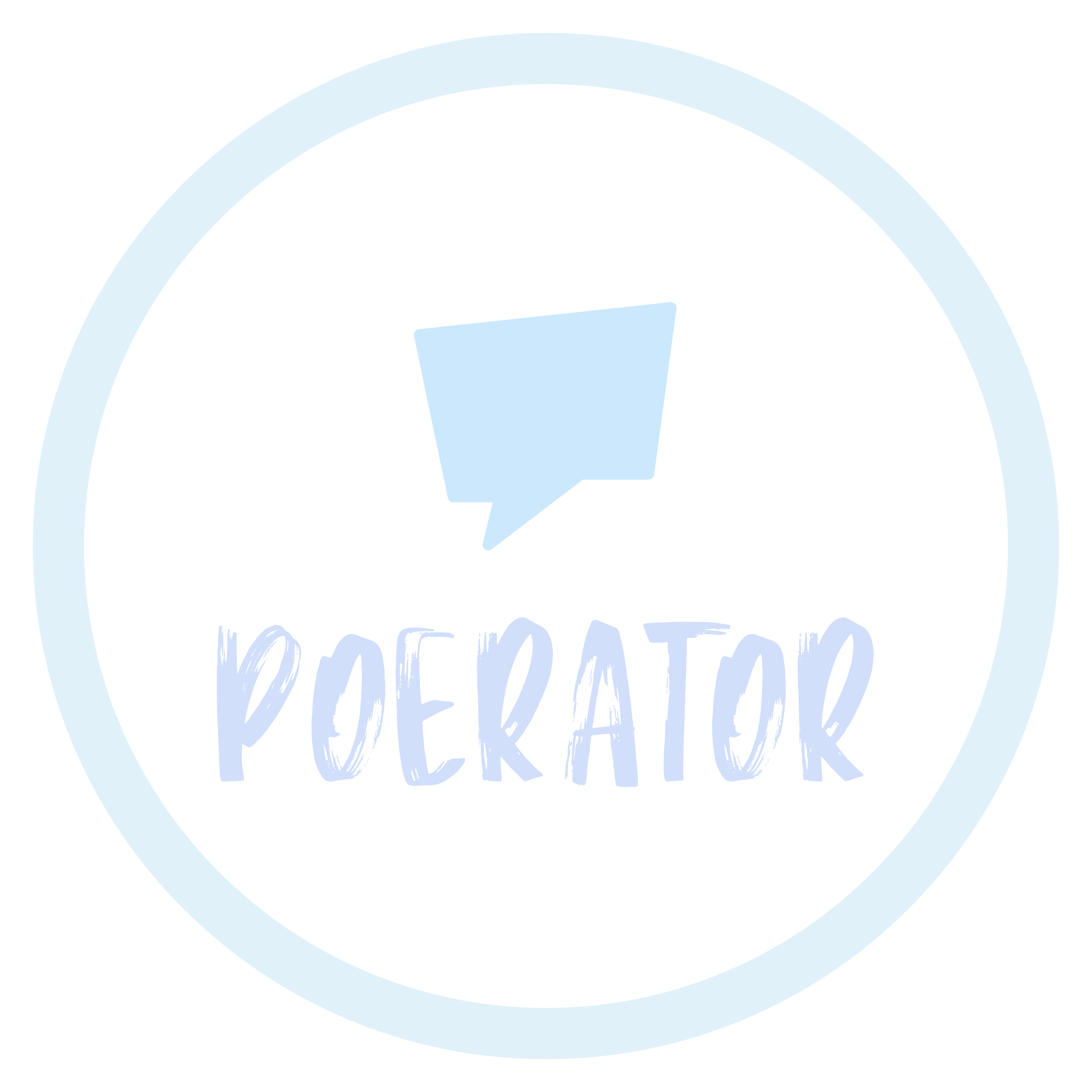 Light blue circle with a light blue speech bubble above the word 
