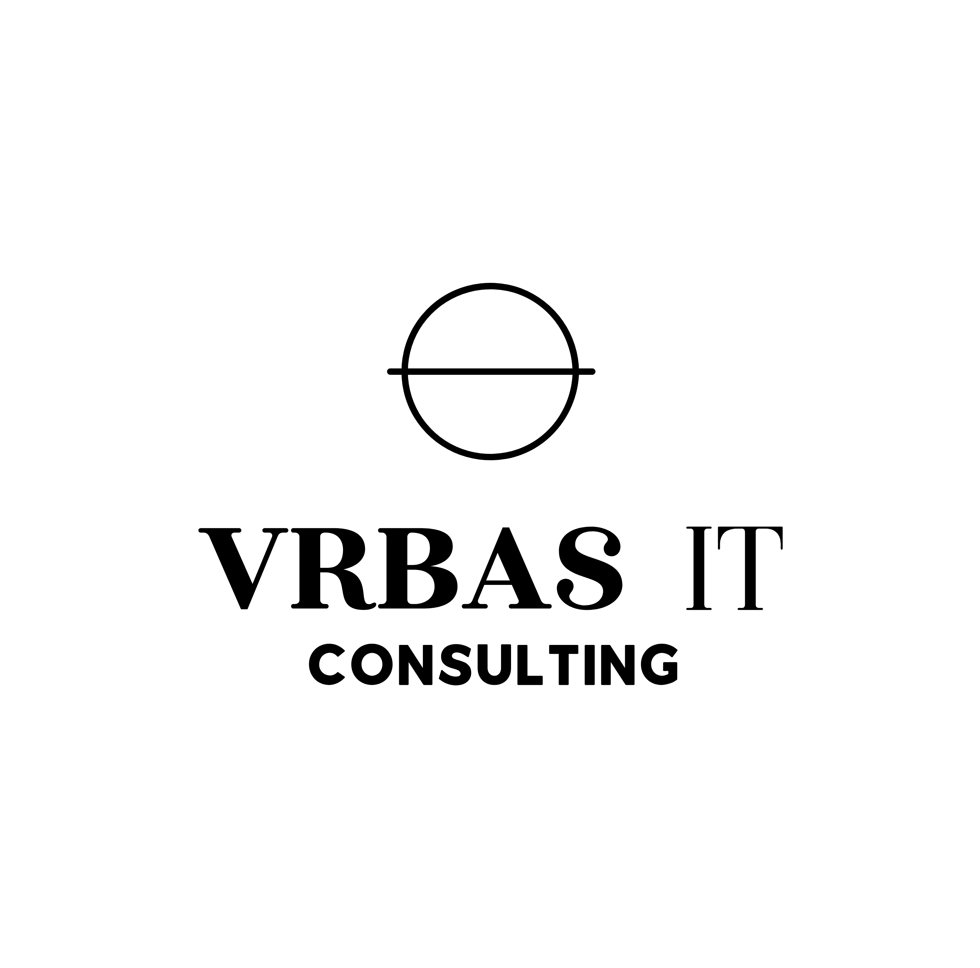 Logo for VRBAS IT Consulting: a circle bisected by a horizontal line, text 