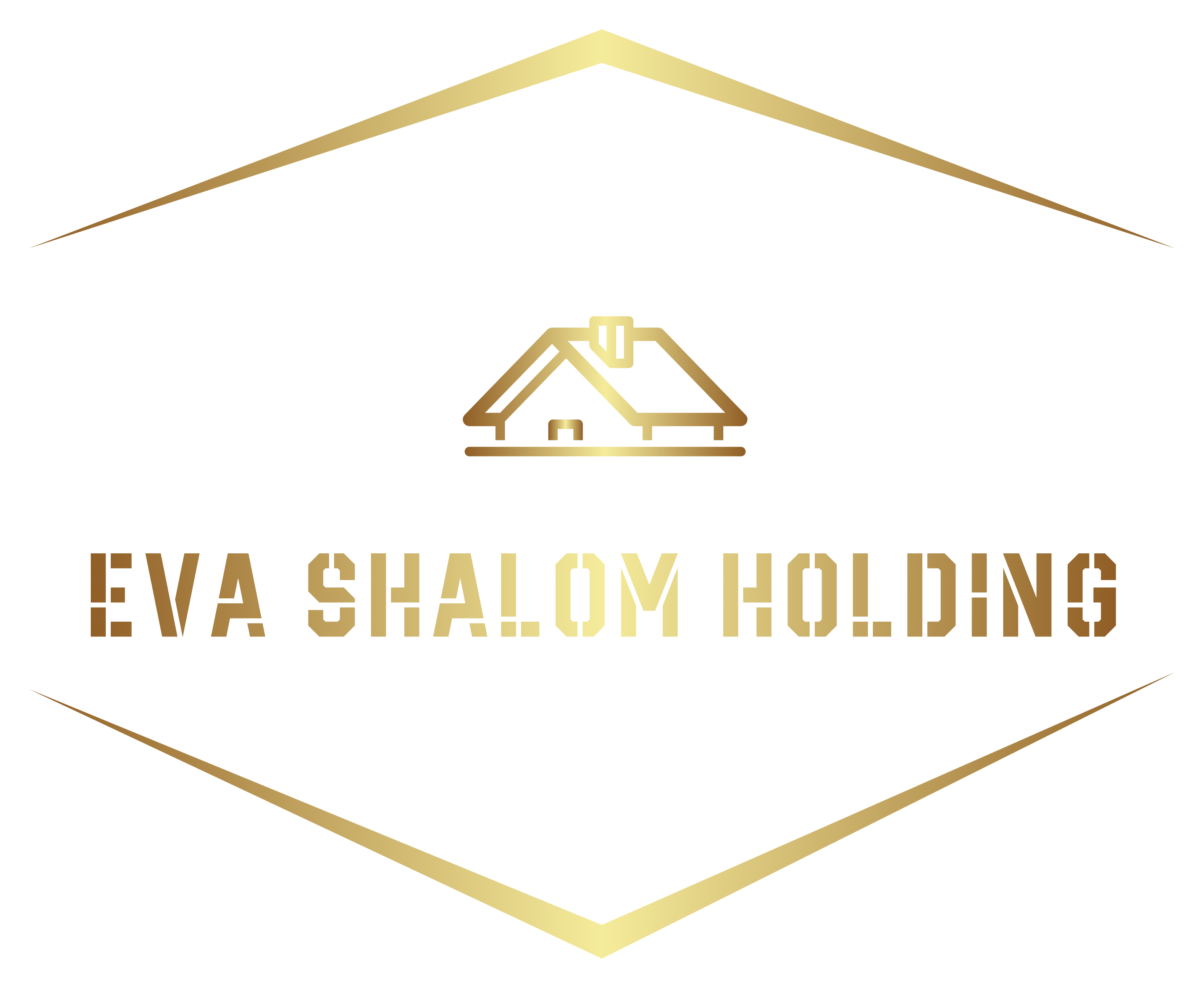 Logo doré : une icône de maison au-dessus des mots « EVA SHALOM HOLDING » à l'intérieur d'une forme de diamant doré.