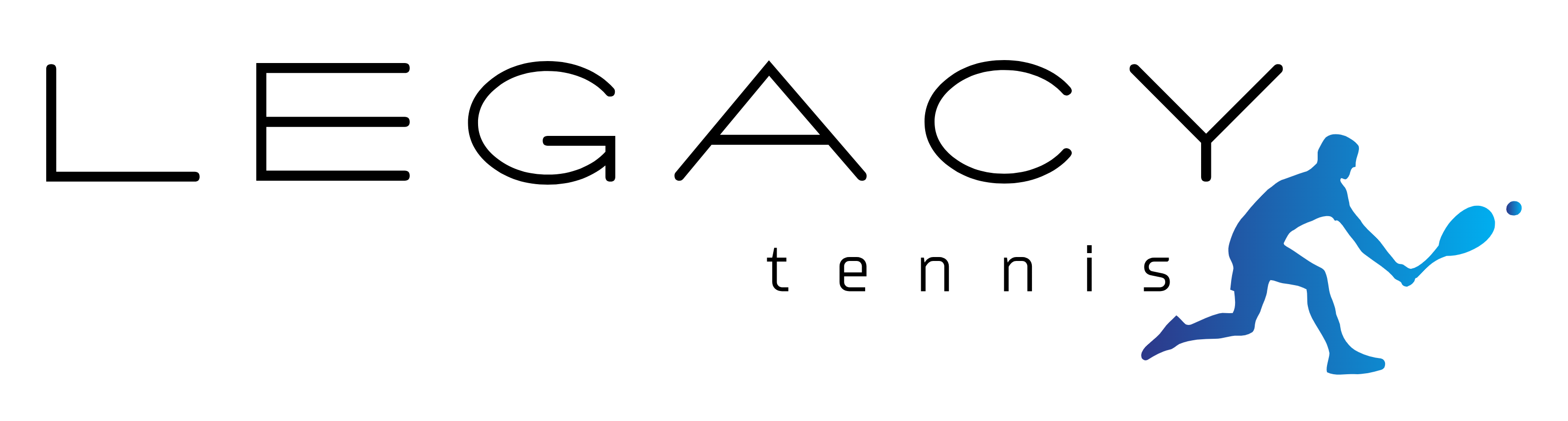 Legacy Tennis logo featuring text and a blue tennis player silhouette.