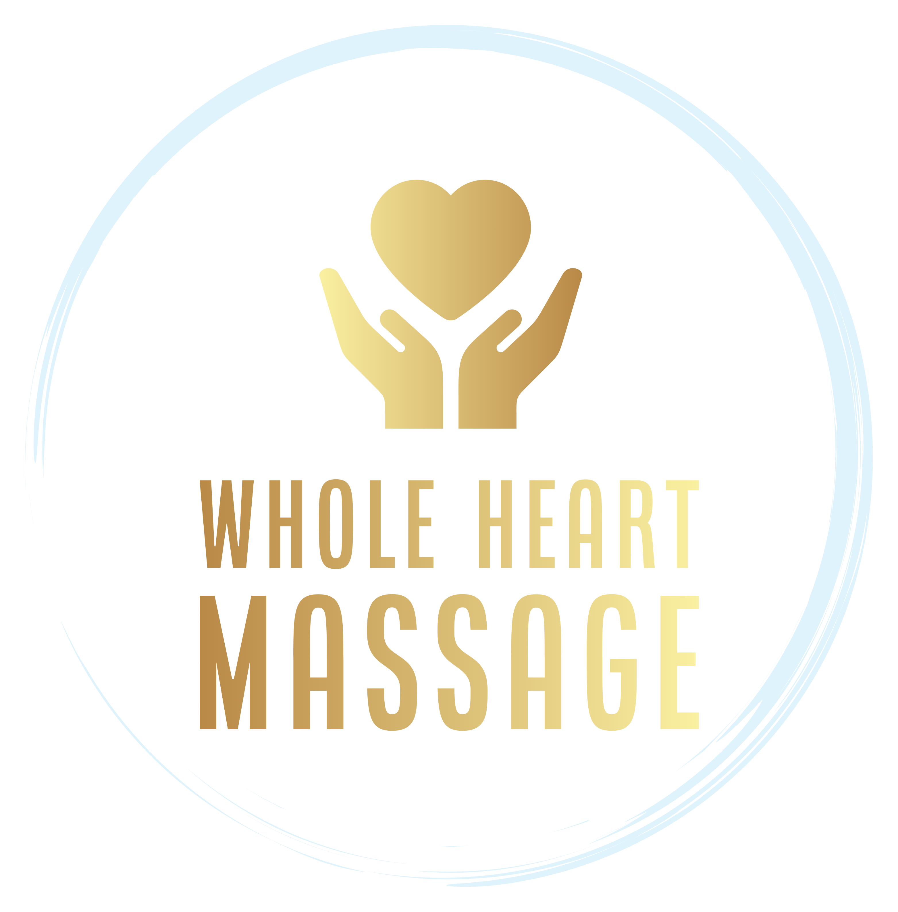 Gold heart above hands with “Whole Heart Massage” text inside a pale blue circle.