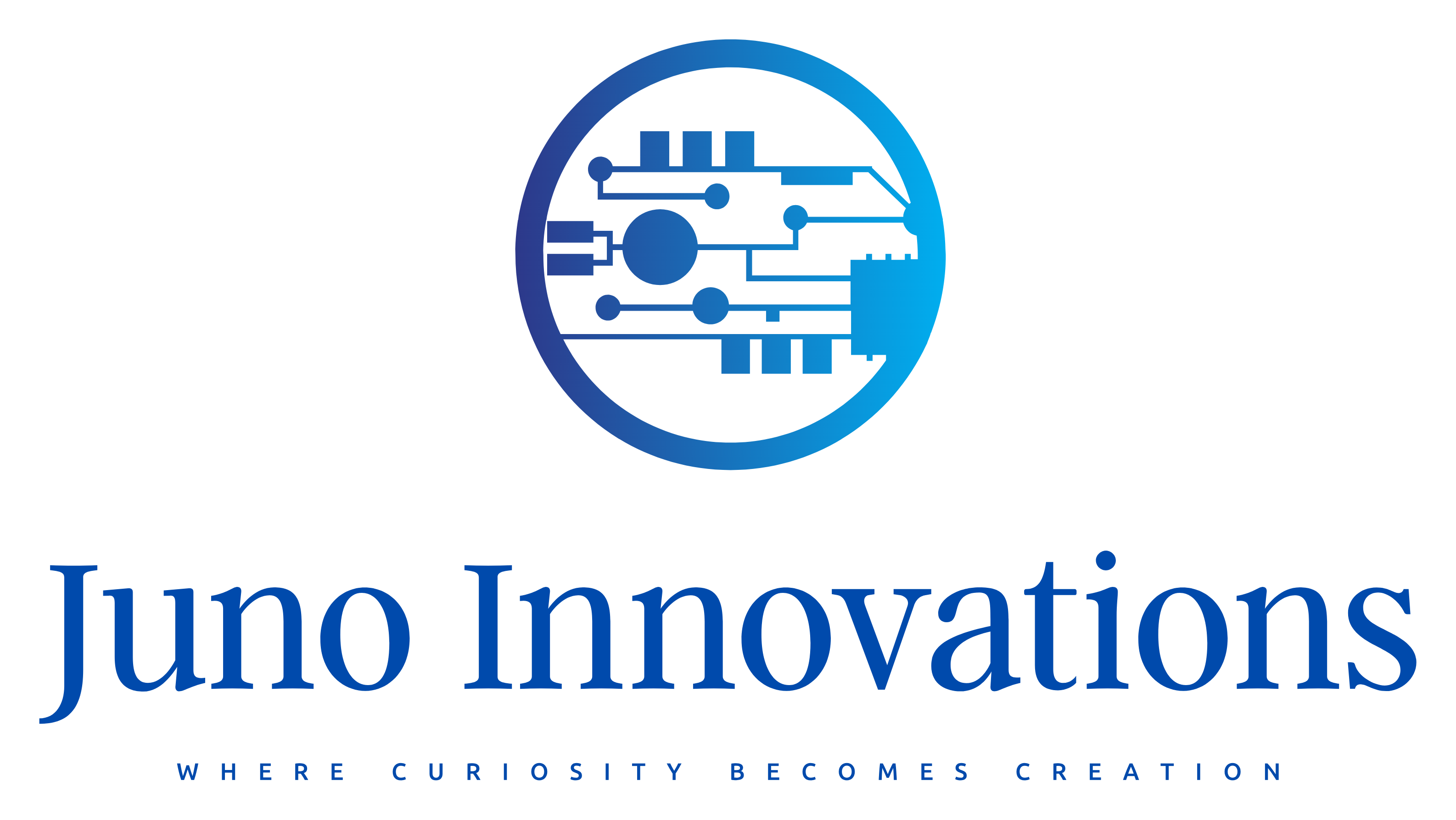Logo for Juno Innovations, featuring a blue circuit design within a circle, and the company name below.