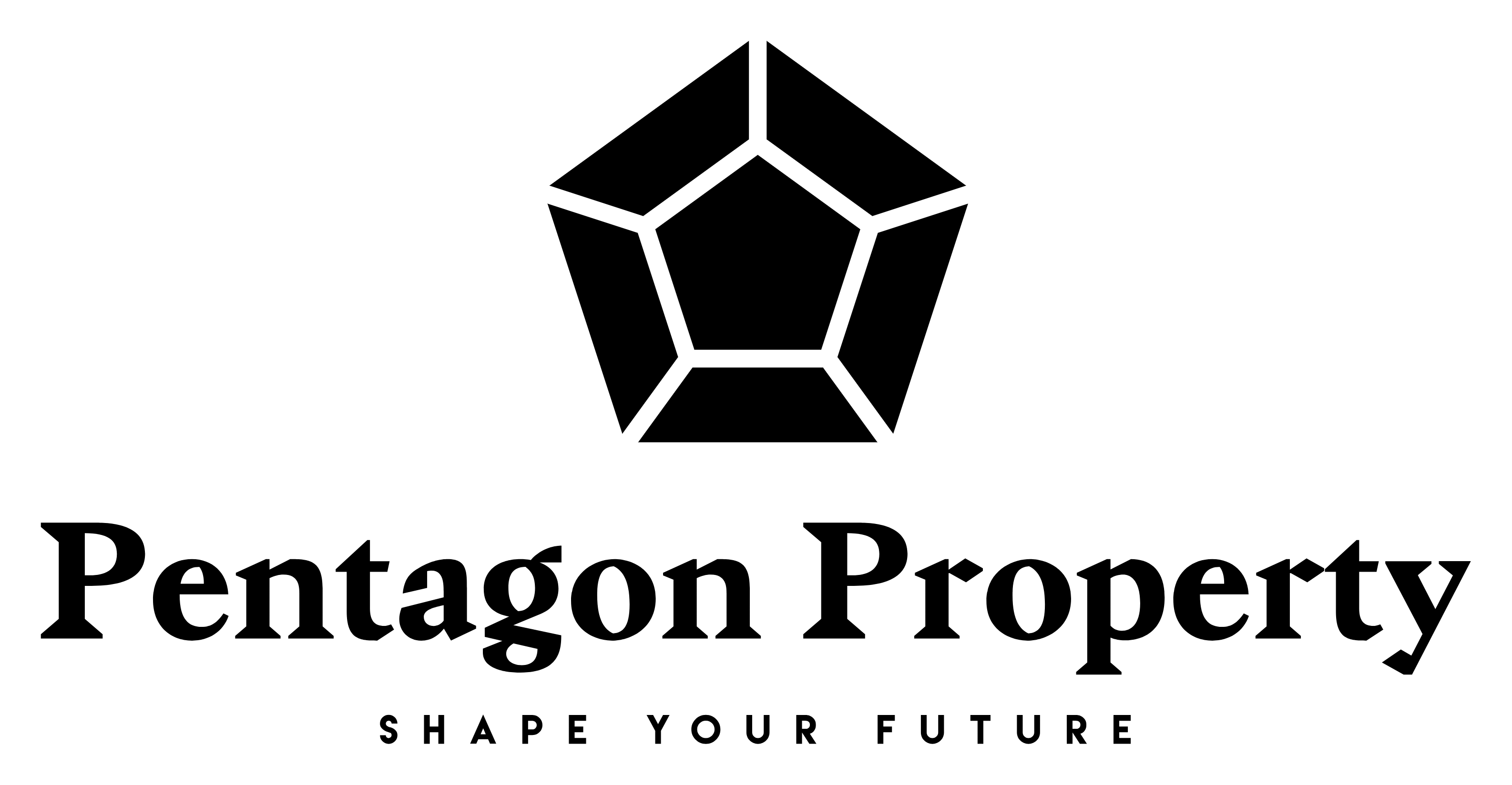Black and white logo: a stylized pentagon above 