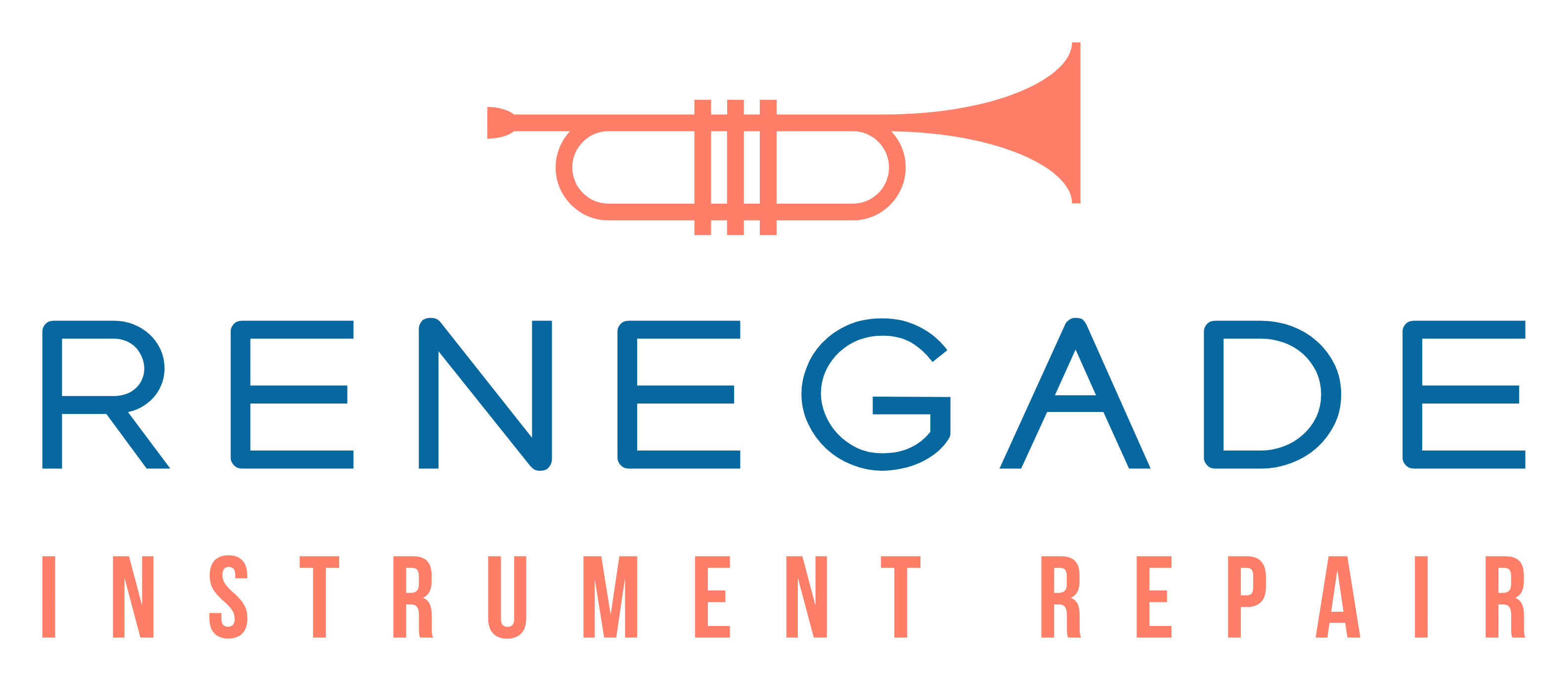 Logo for Renegade Instrument Repair, includes trumpet graphic, blue text 