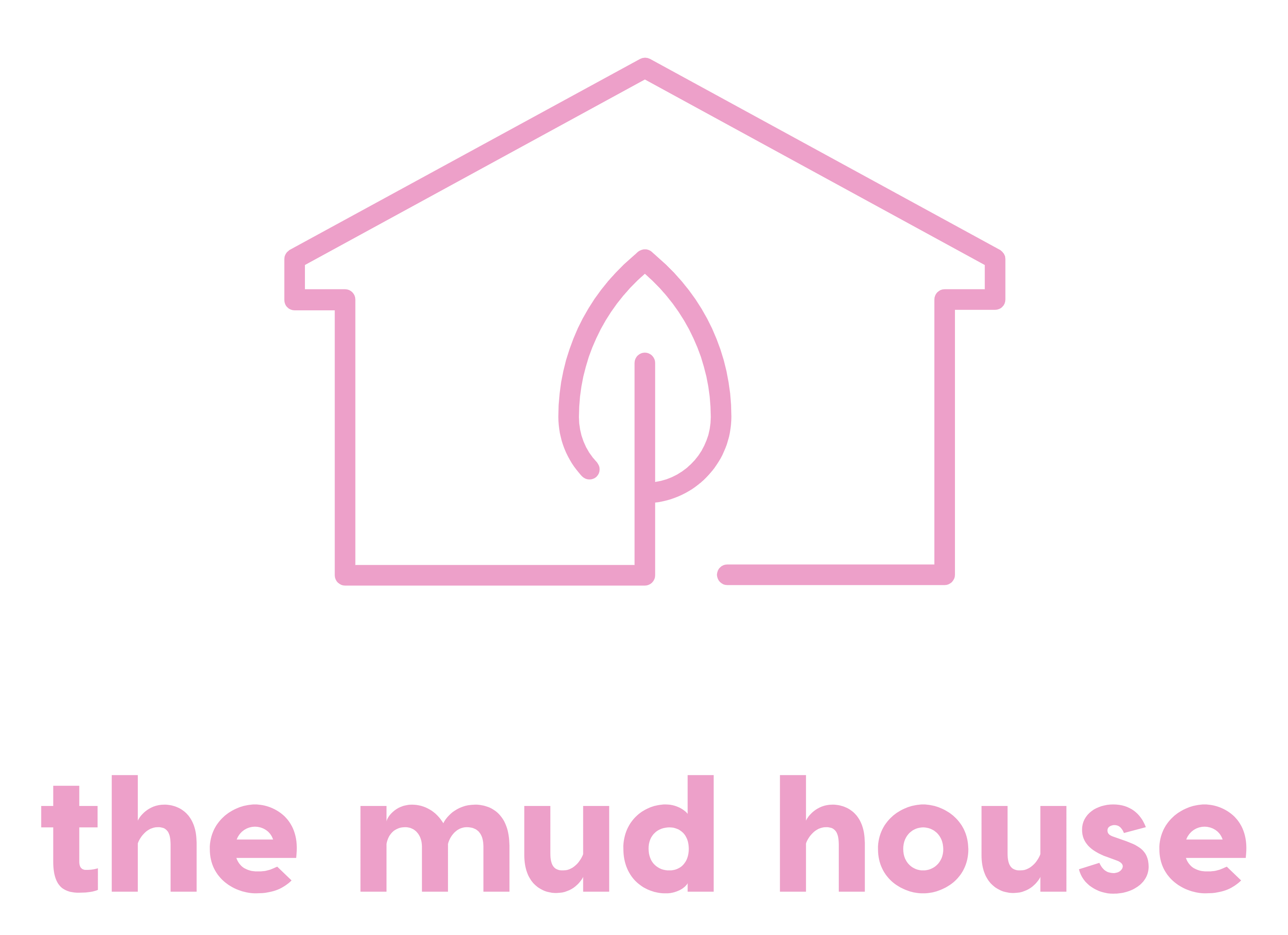 Pink house logo with leaf inside;