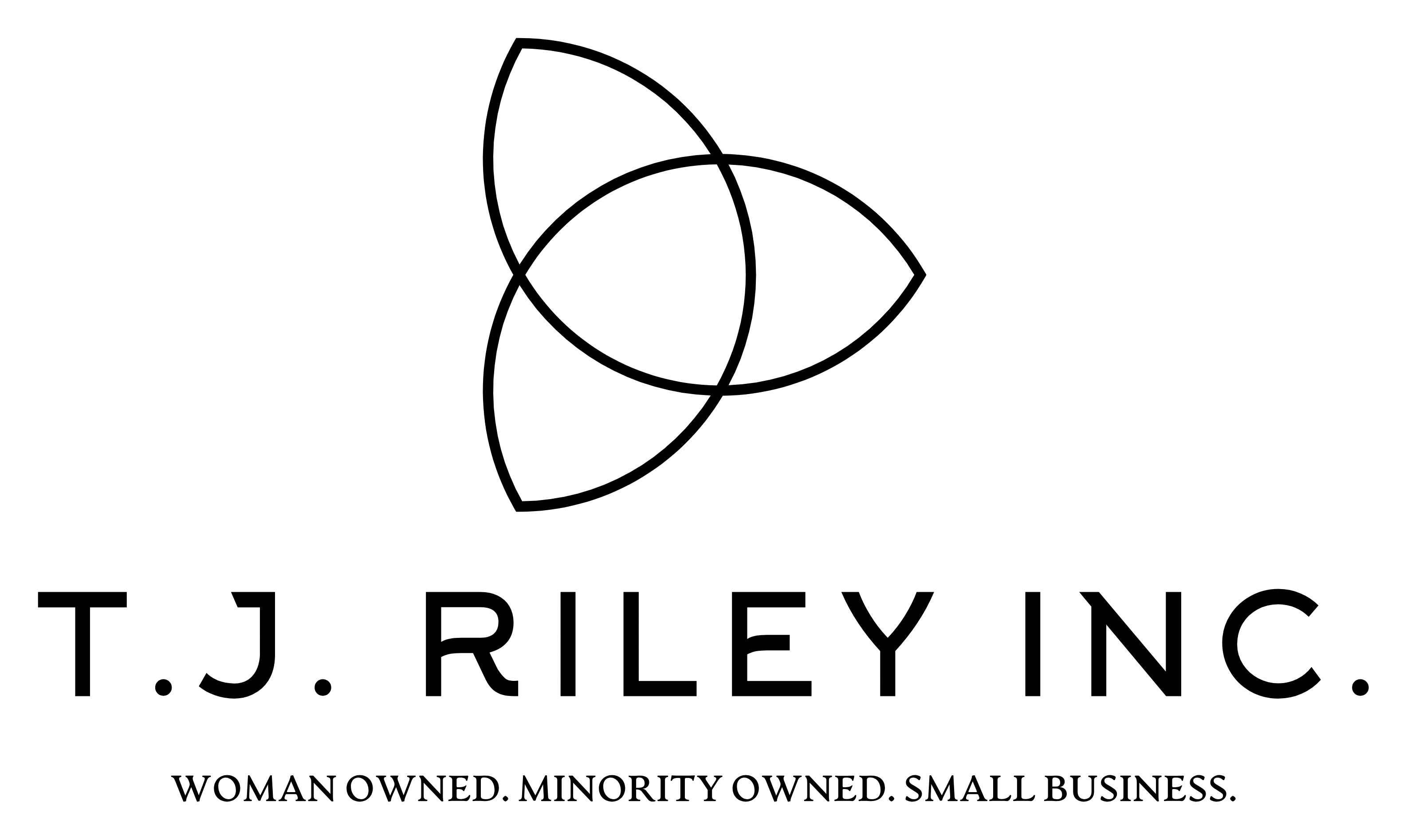 Logo for T.J. Riley Inc.: A black trefoil symbol above the company name and 