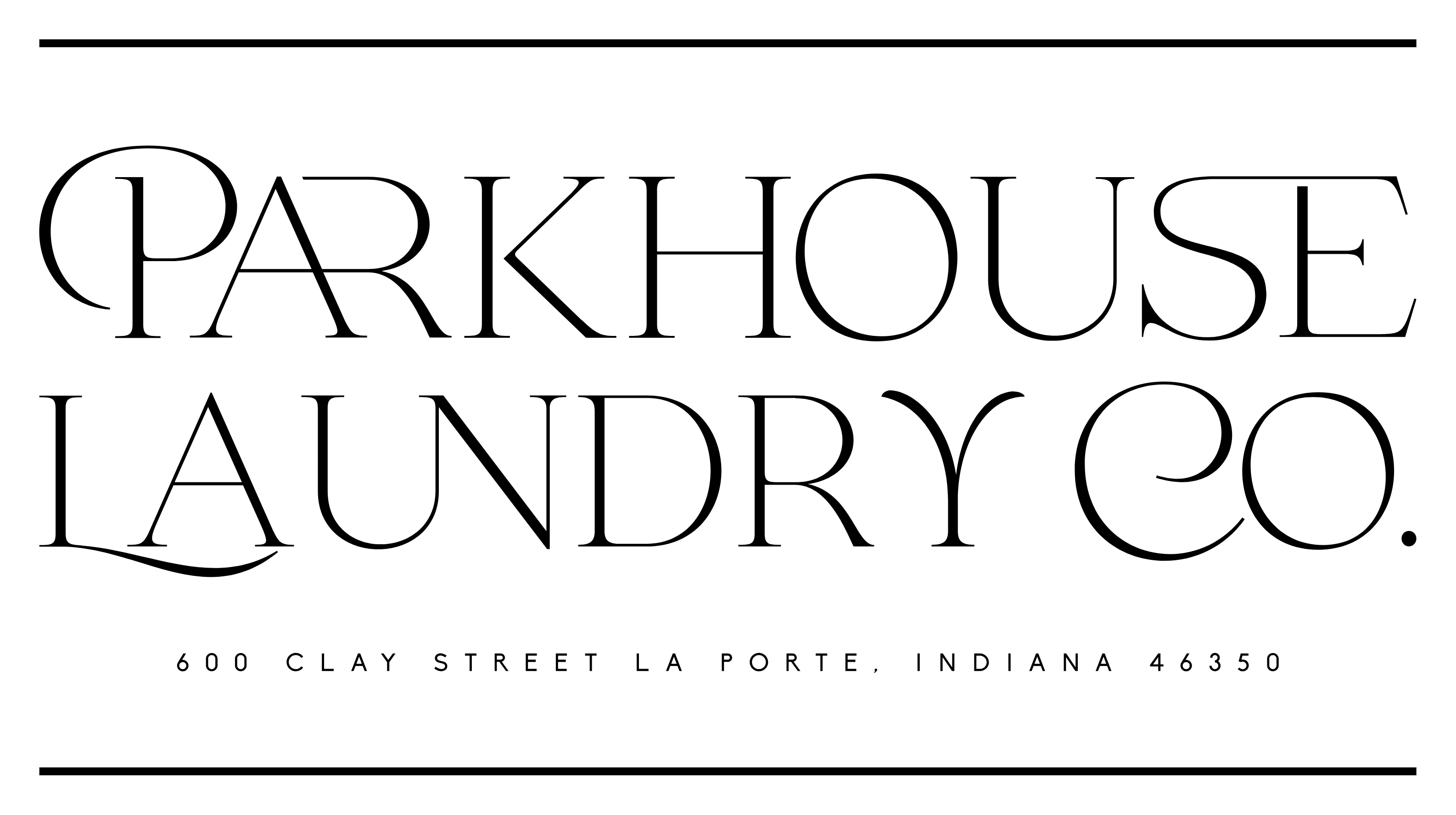 Parkhouse Laundry Co. logo: text in a box with address below.