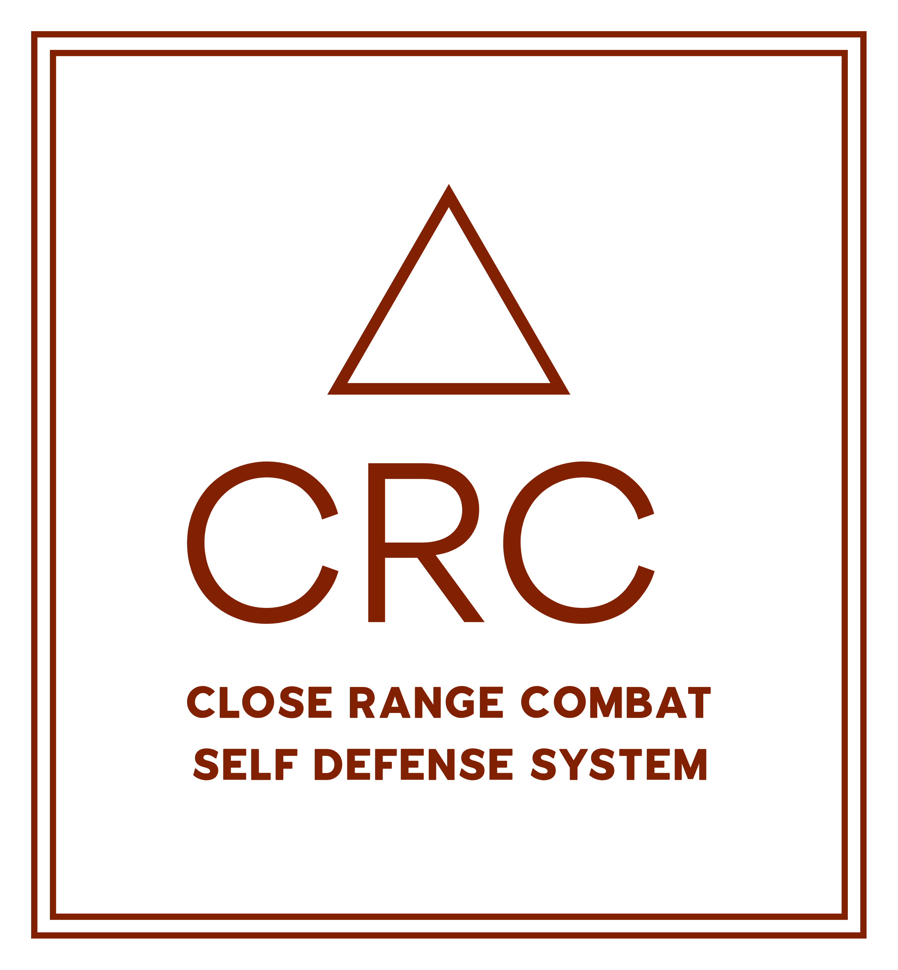 Braunes quadratisches Logo: Dreieck über „CRC“, Text „CLOSE RANGE COMBAT SELF DEFENSE SYSTEM“.