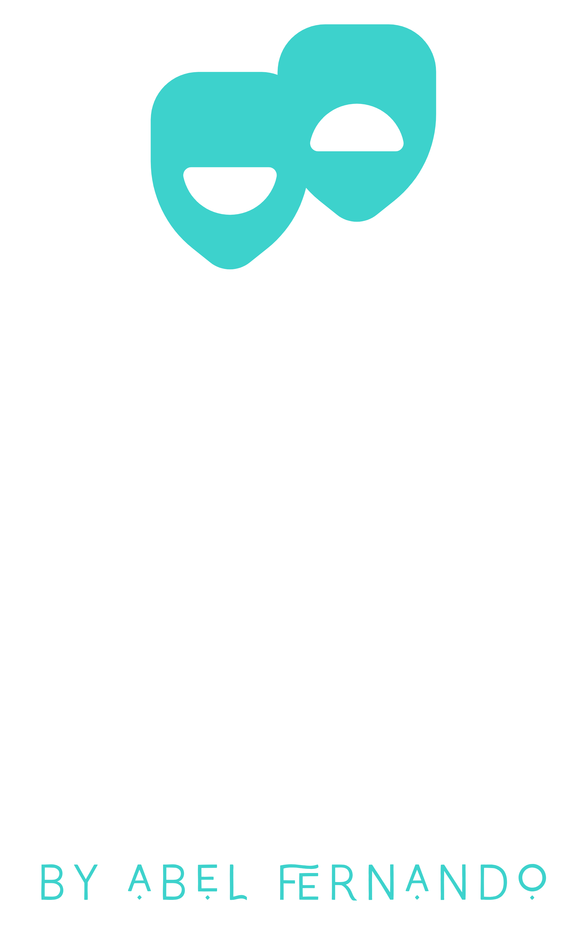 Two teal theater masks above text,