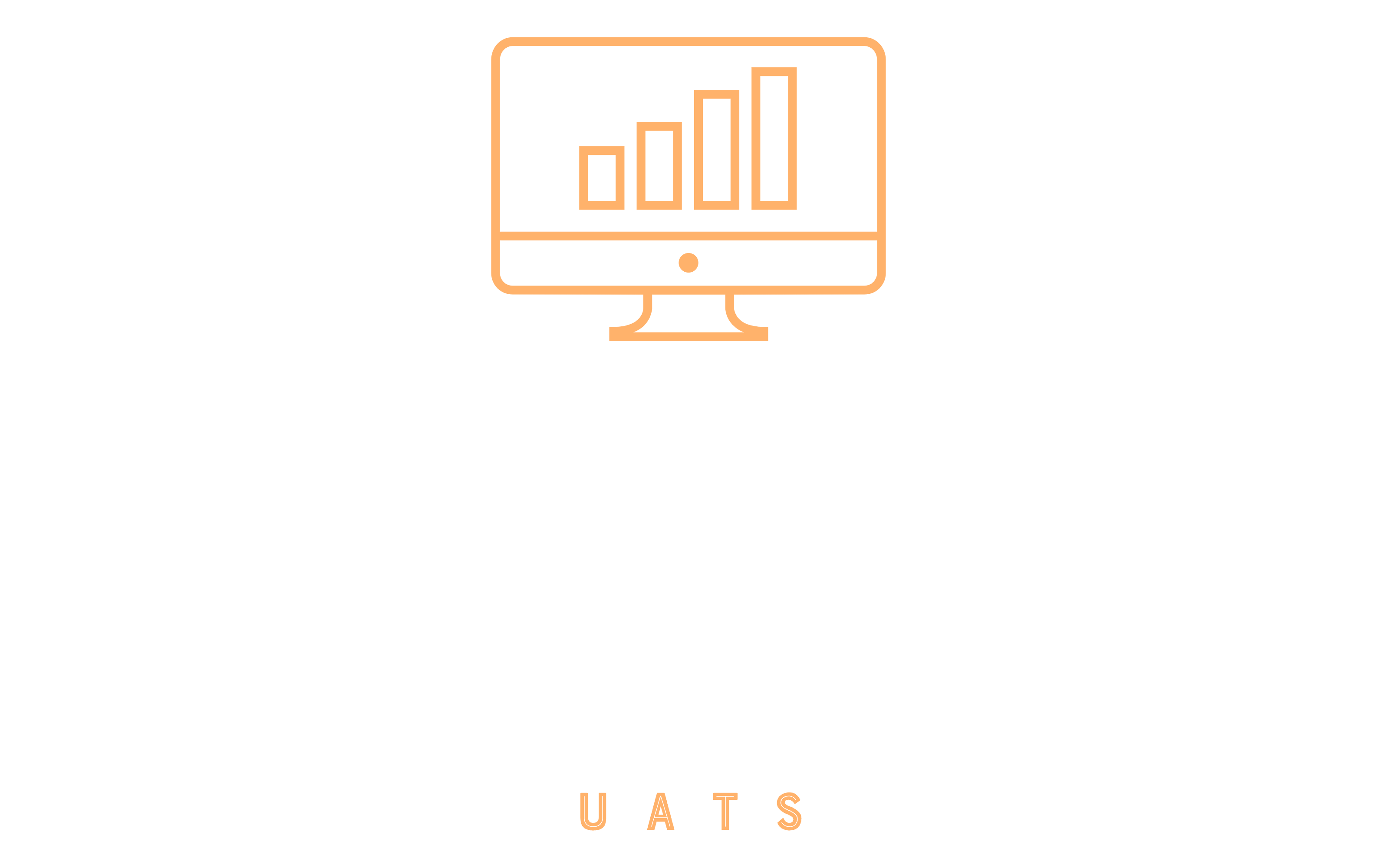 Orange computer monitor displaying bar graph. Text: UATS.