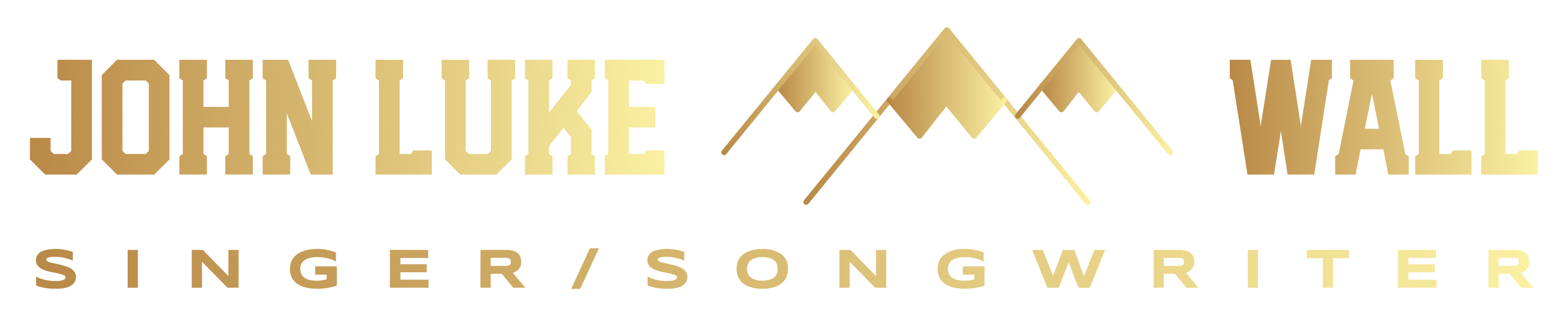 John Luke Wall logo with golden text and mountain graphic. 