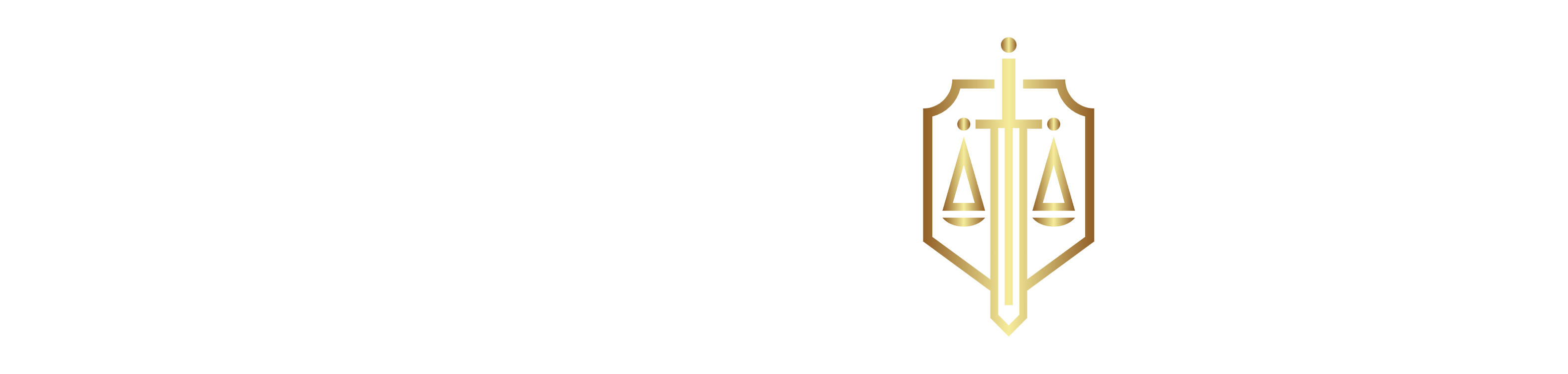 Gold logo: sword through a shield, scales of justice inside.