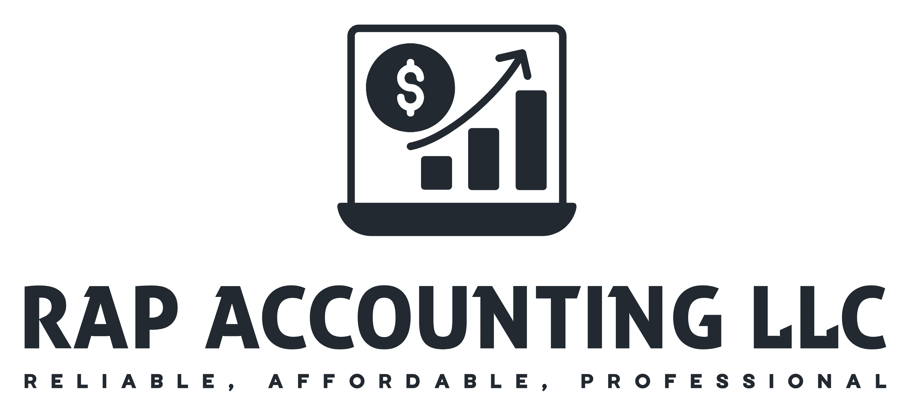 Logo for RAP Accounting LLC: laptop with financial graph and dollar sign, text 