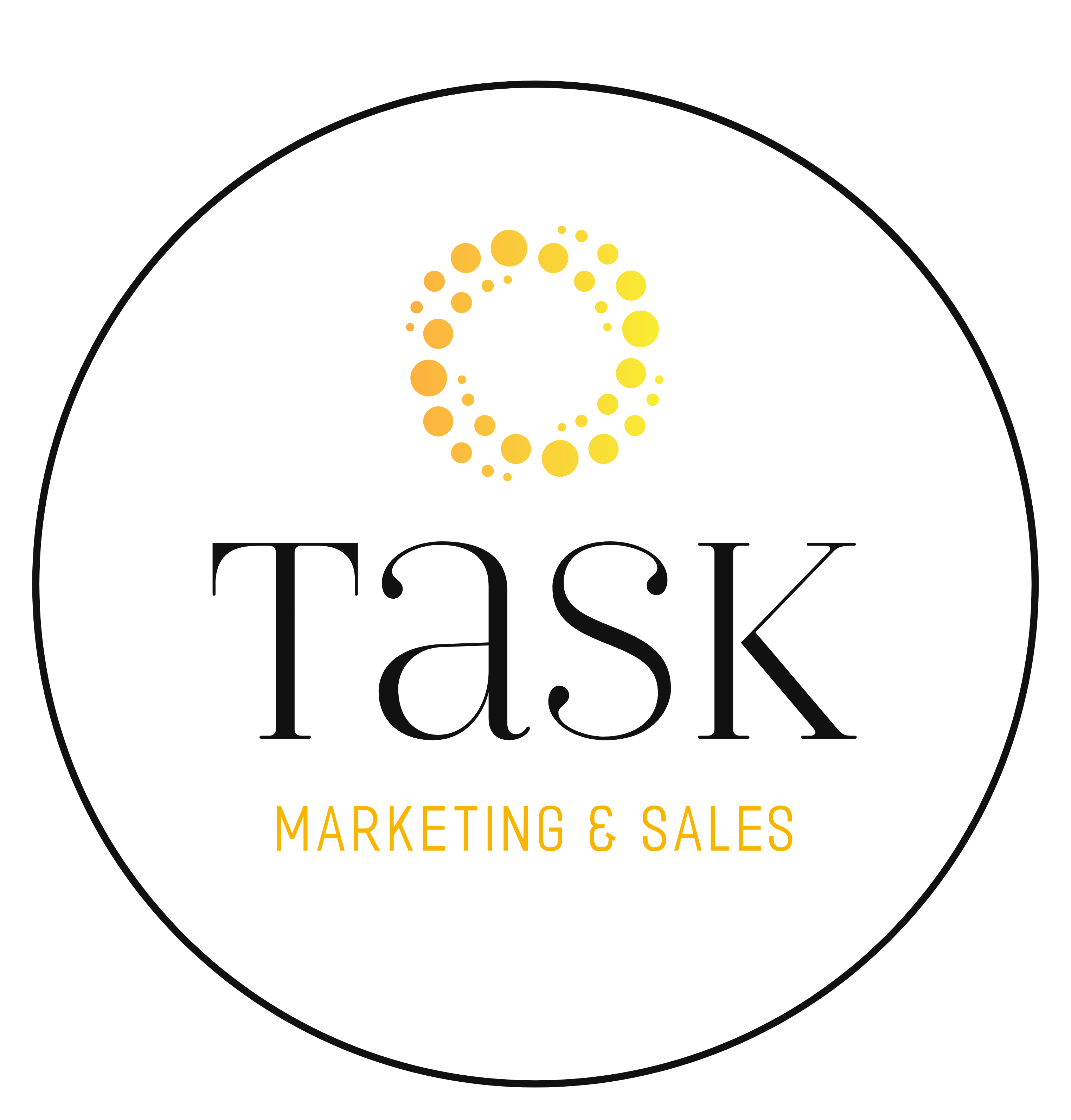 Logo for Task Marketing & Sales: Black text within a white circle, with a gold dot pattern.