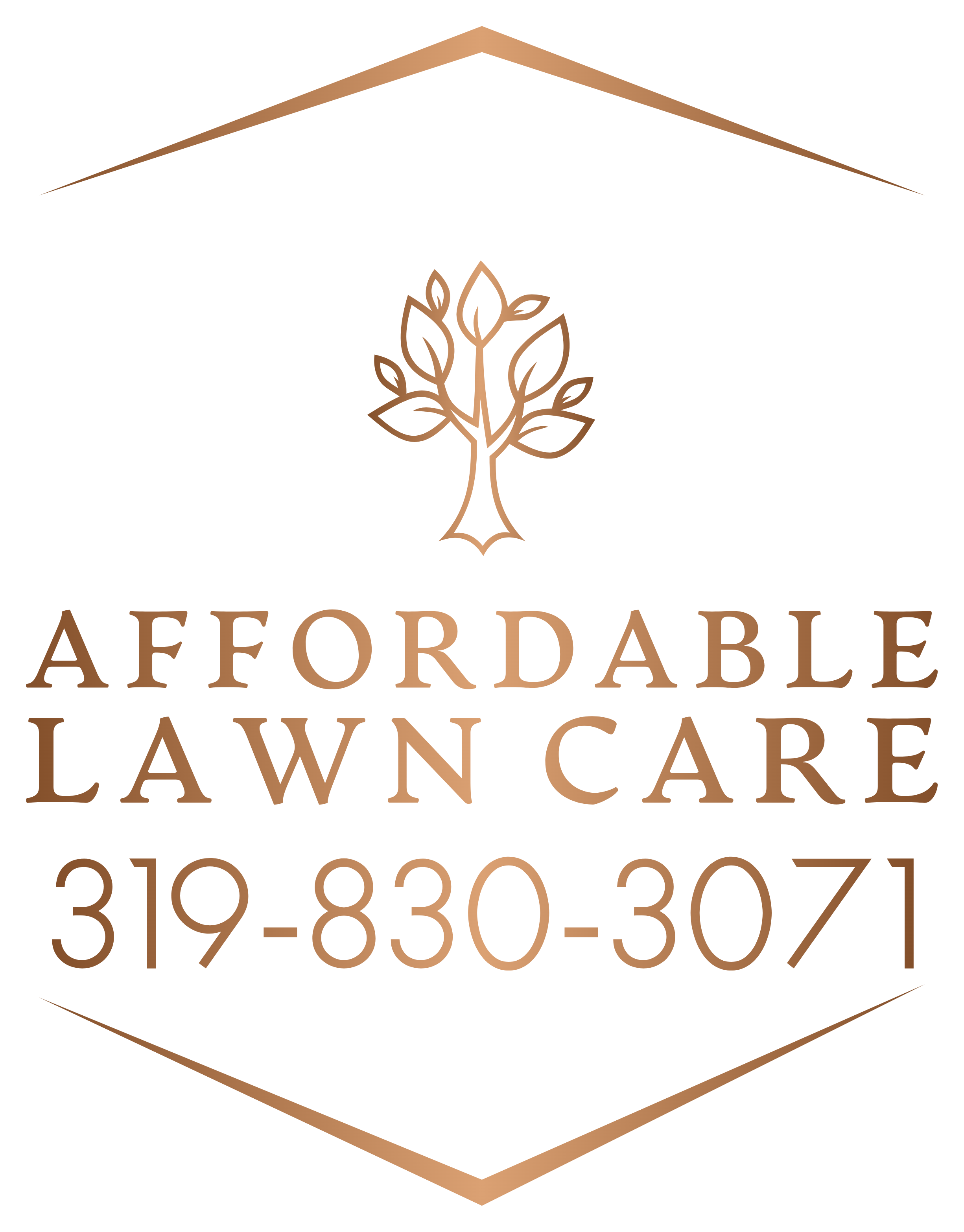 Logo for Affordable Lawn Care: tree graphic above text and phone number in copper.