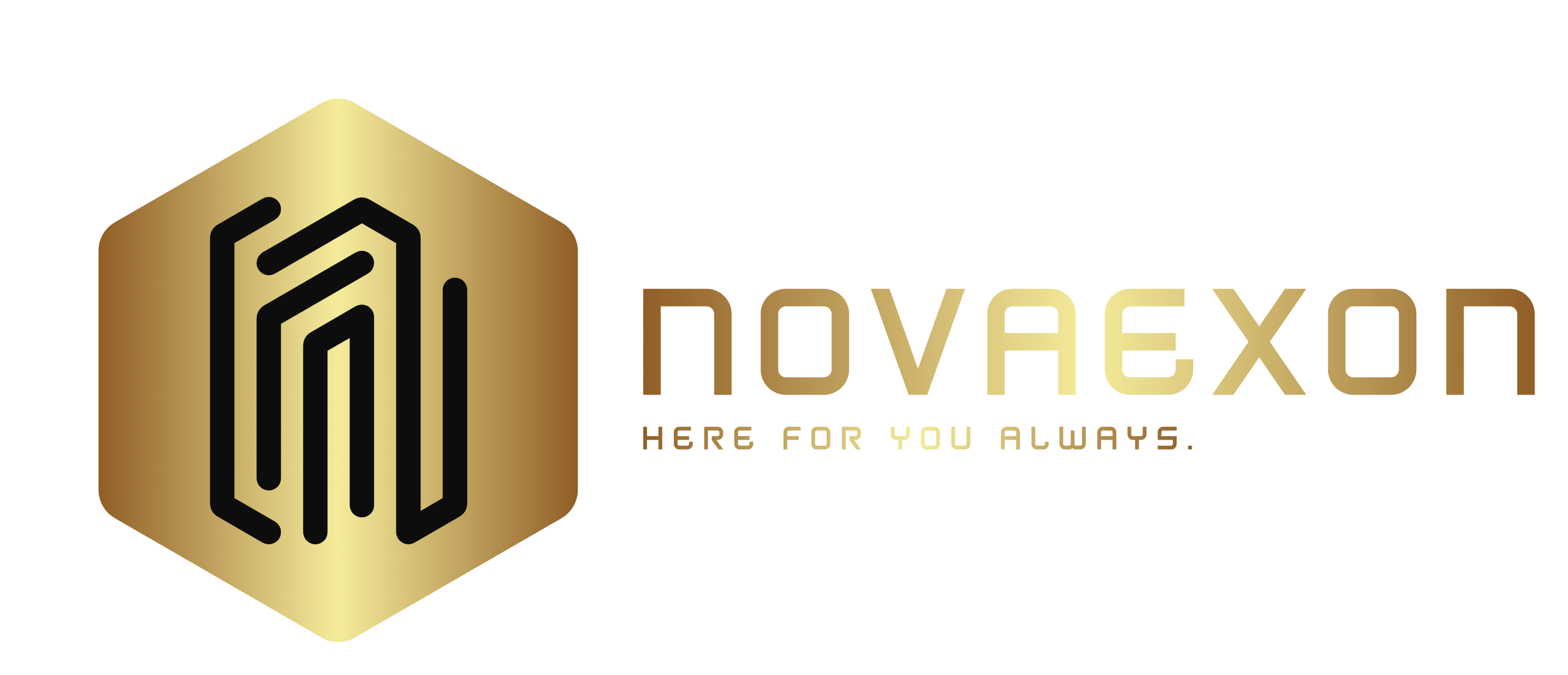 Gold hexagon logo with abstract black line art and the text