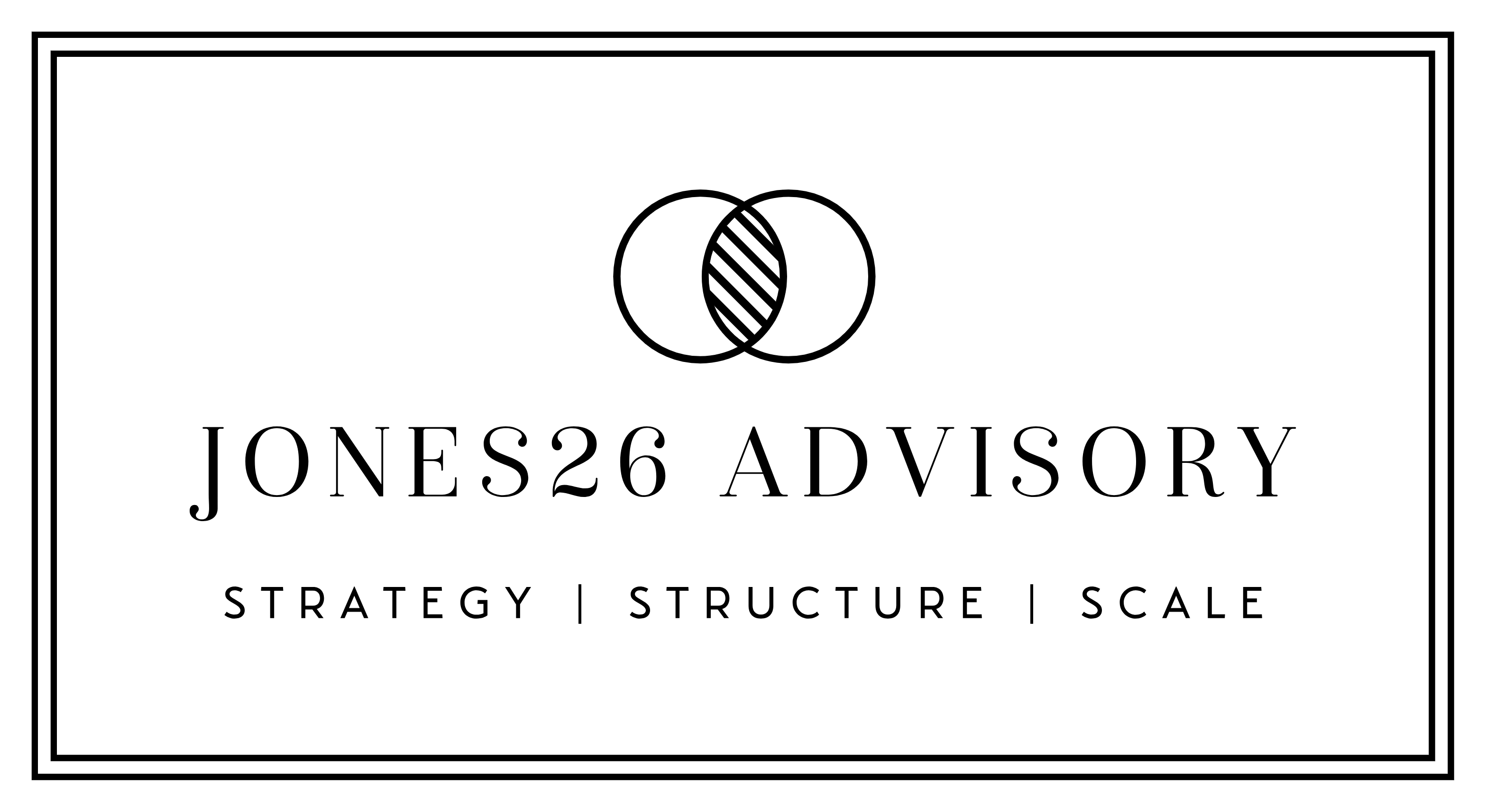 Jones26 Advisory logo with interlocking circles and tagline “Strategy | Structure | Scale”
